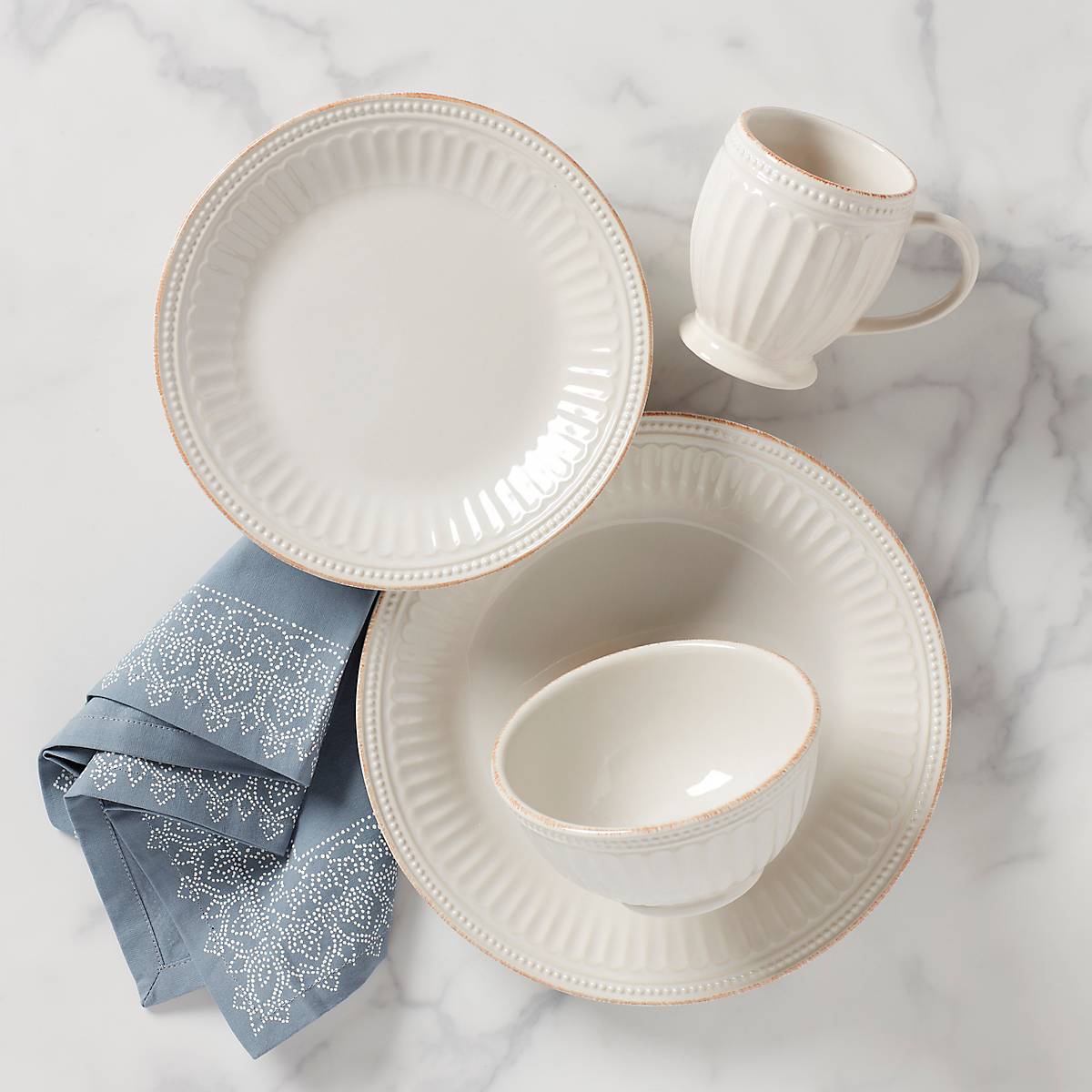 White Ceramic Stoneware Place Setting with Hand-Applied Tea Stains | French Perle Groove