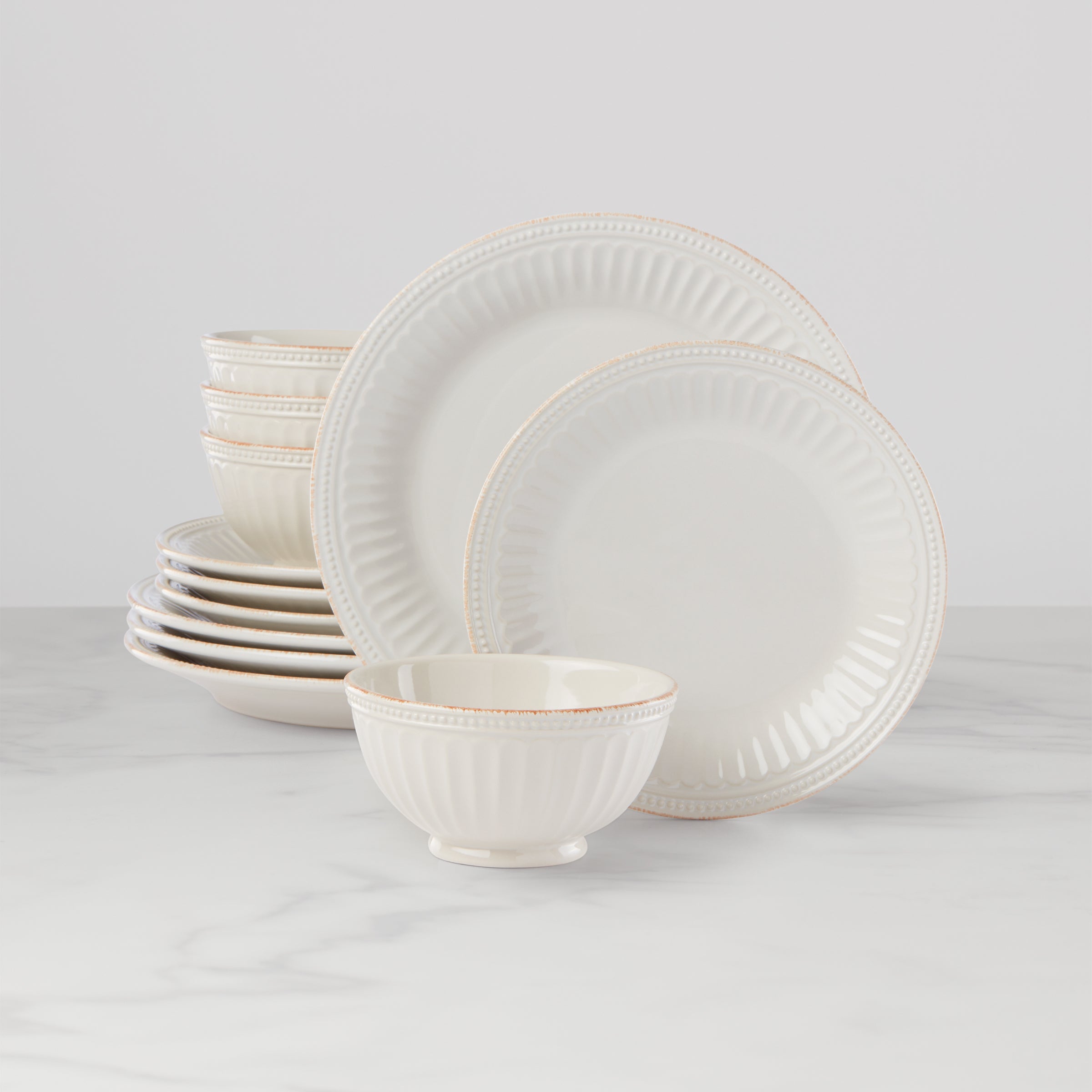 Stoneware Dinnerware Set with Tea-Stain Edge | French Perle Groove 12-Piece