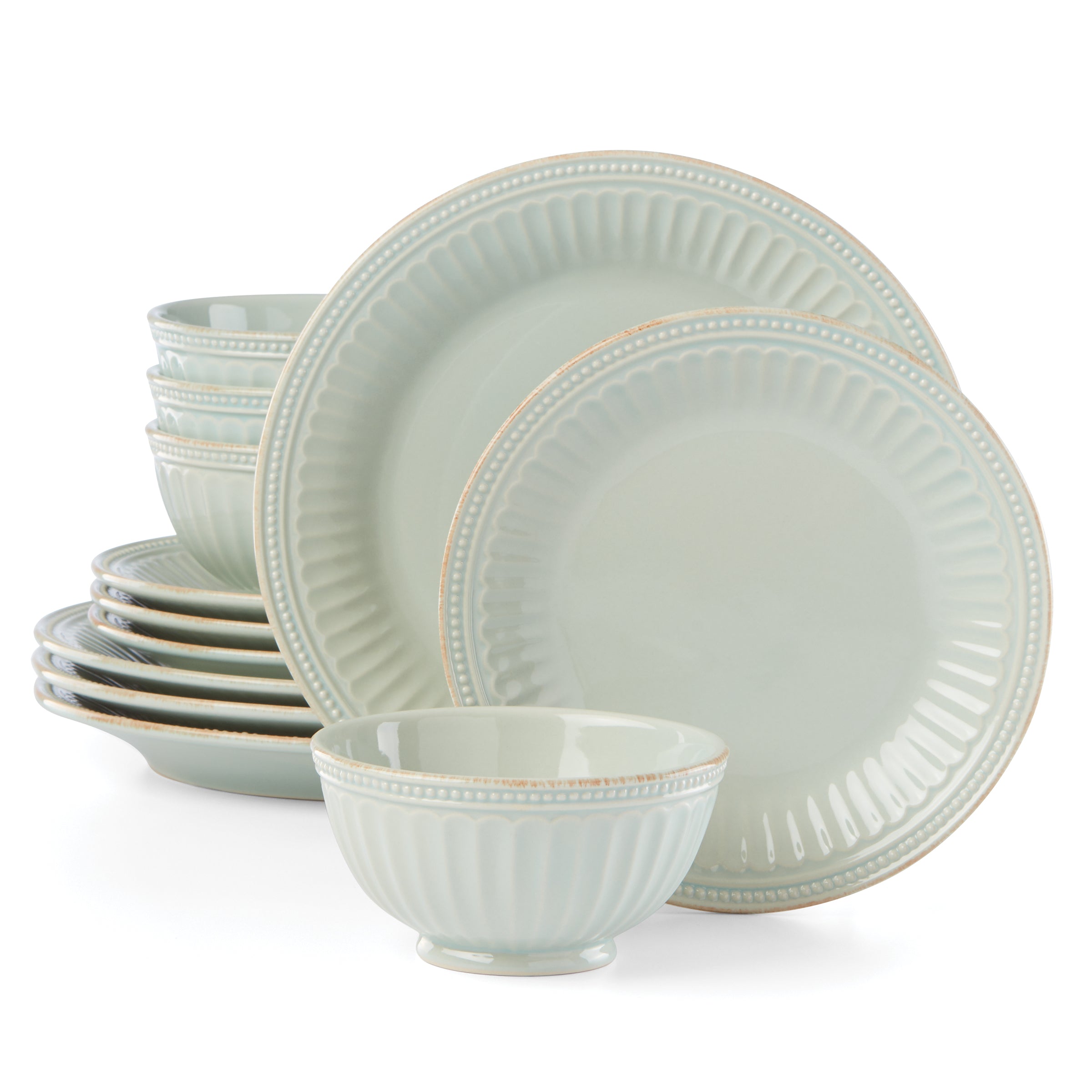 Stoneware Dinnerware Set with Tea-Stain Edge | French Perle Groove
