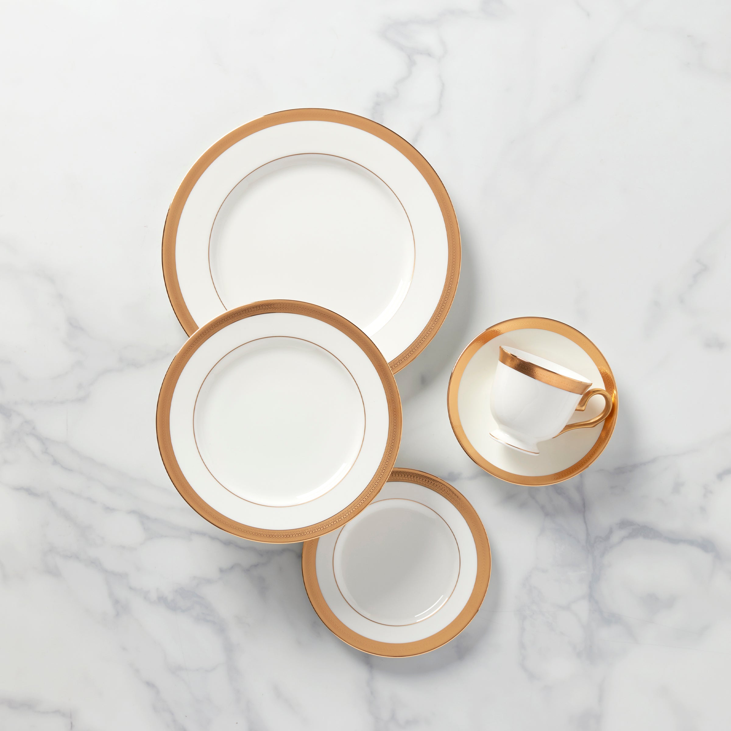 White Bone China Dinnerware Set with Gold Etching | Lowell 5-Piece