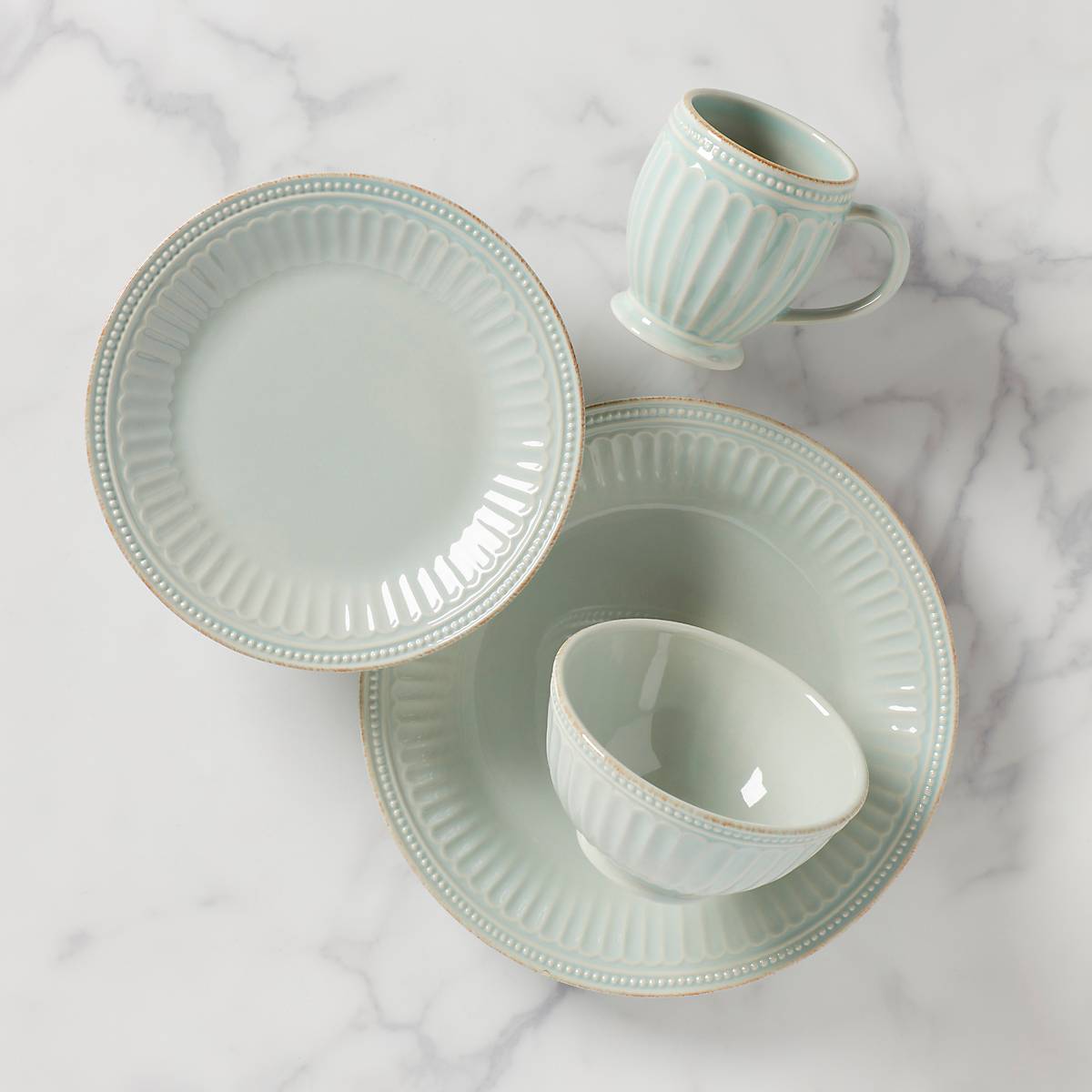 Handcrafted Ceramic Dinnerware Set with Beaded Rim & Tea Stains | French Perle