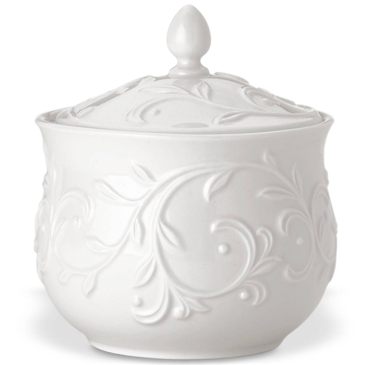 White Ceramic Sugar Bowl with Carved Scroll Motif | Opal Innocence