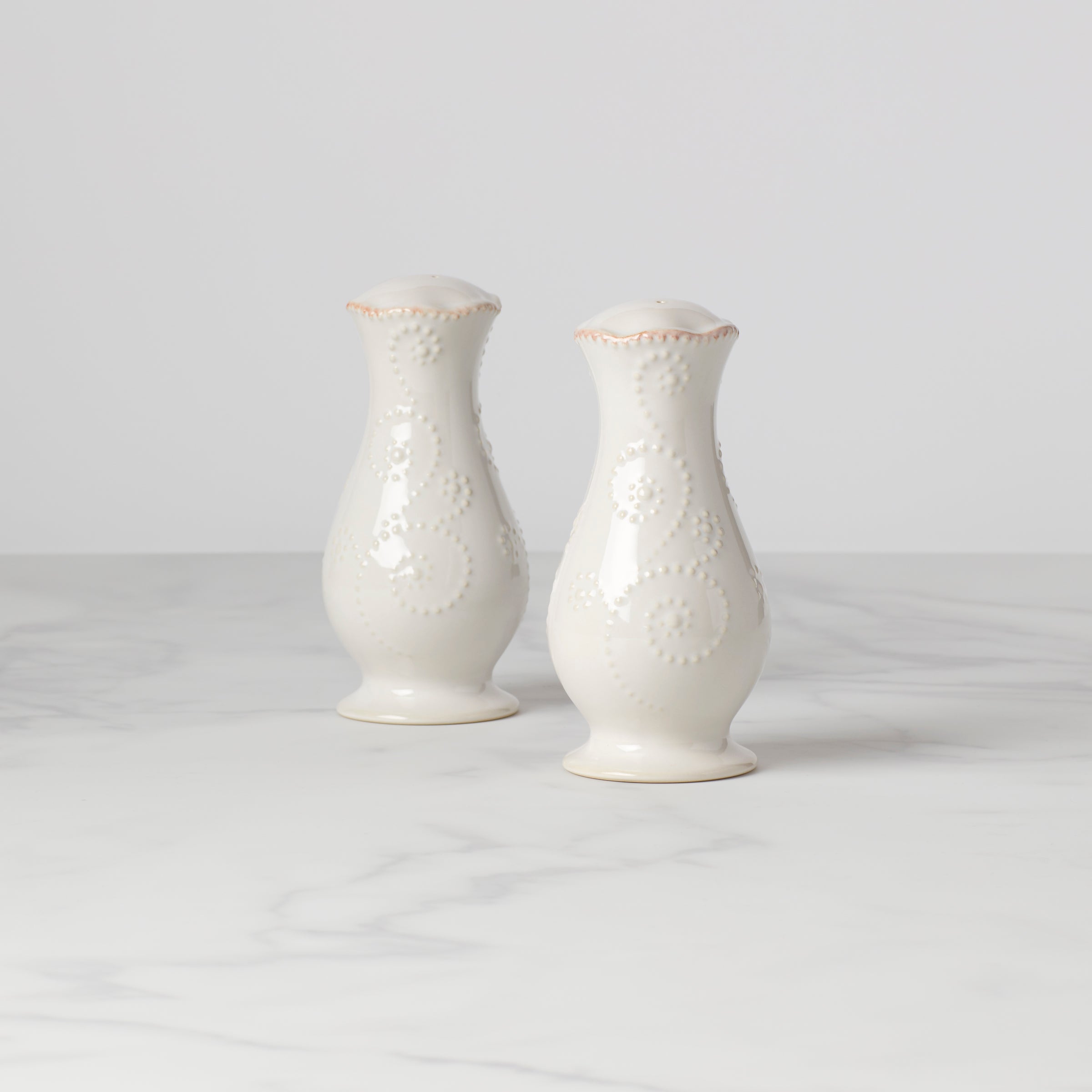 White Ceramic Salt and Pepper Shakers Set - Rustic French Perle Design | Microwave & Dishwasher Safe