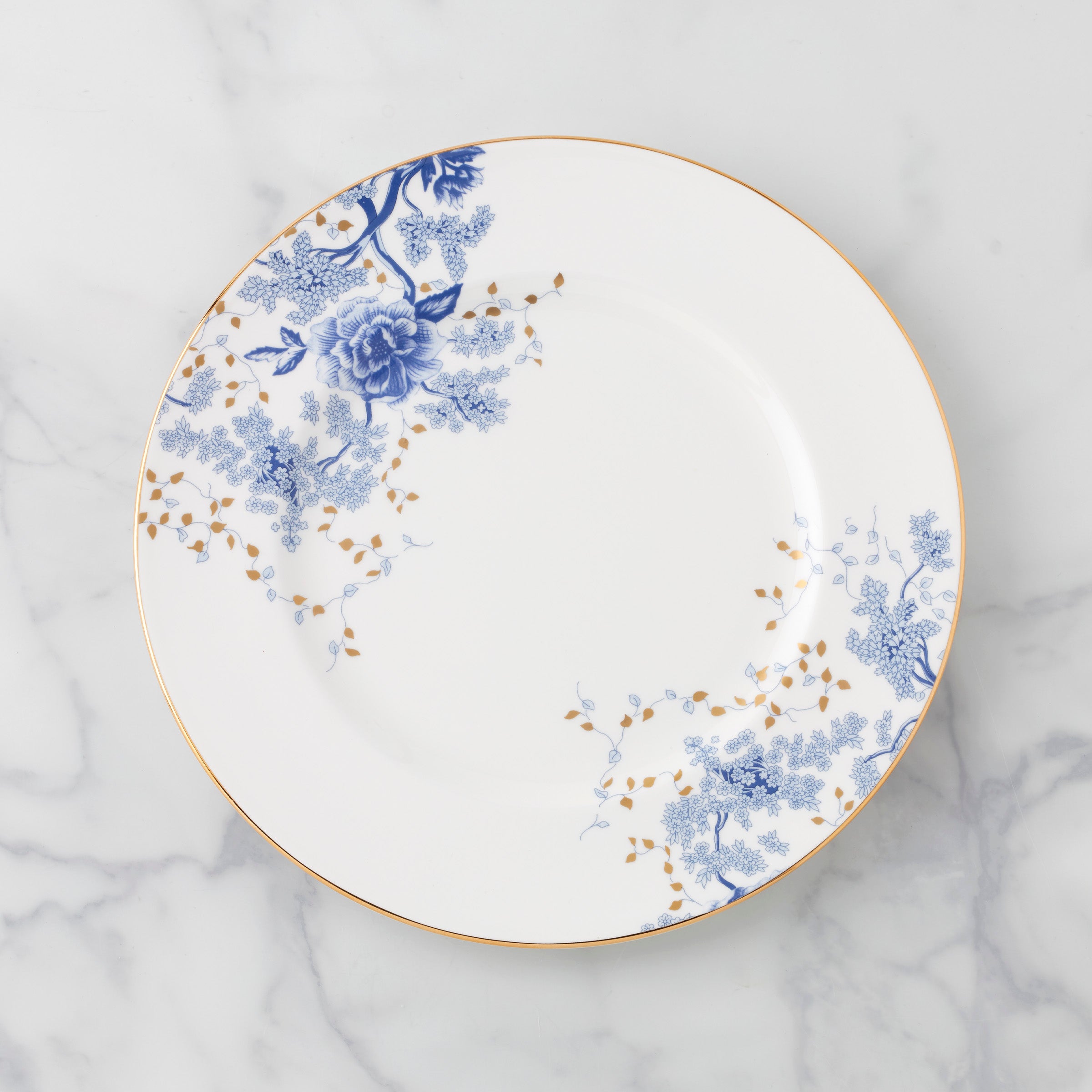 Blue Blossom Bone China Dinner Plate with Gold Trim | Garden Grove