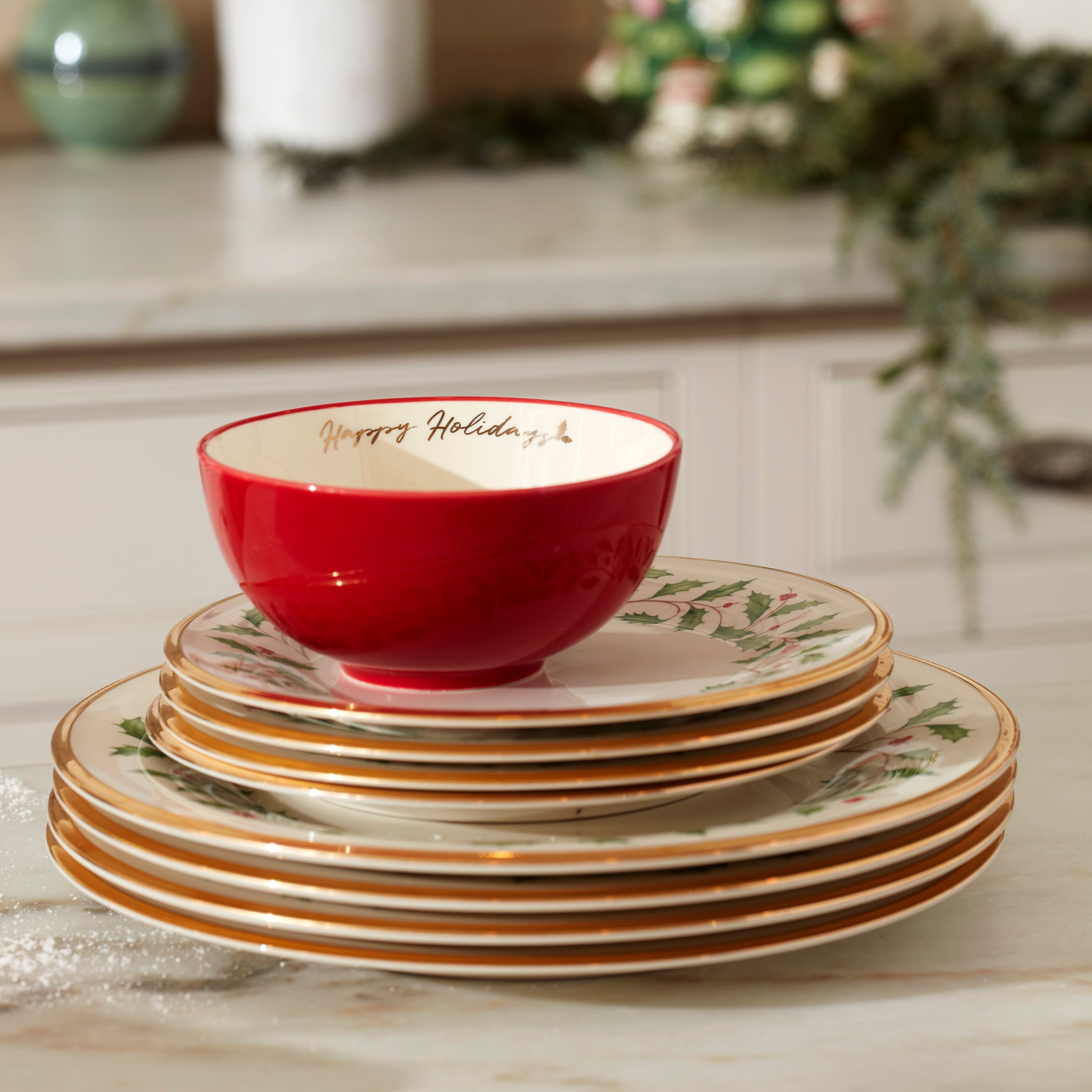 Holiday Dinner Plate Set 6-Piece with Gold Rim | Porcelain
