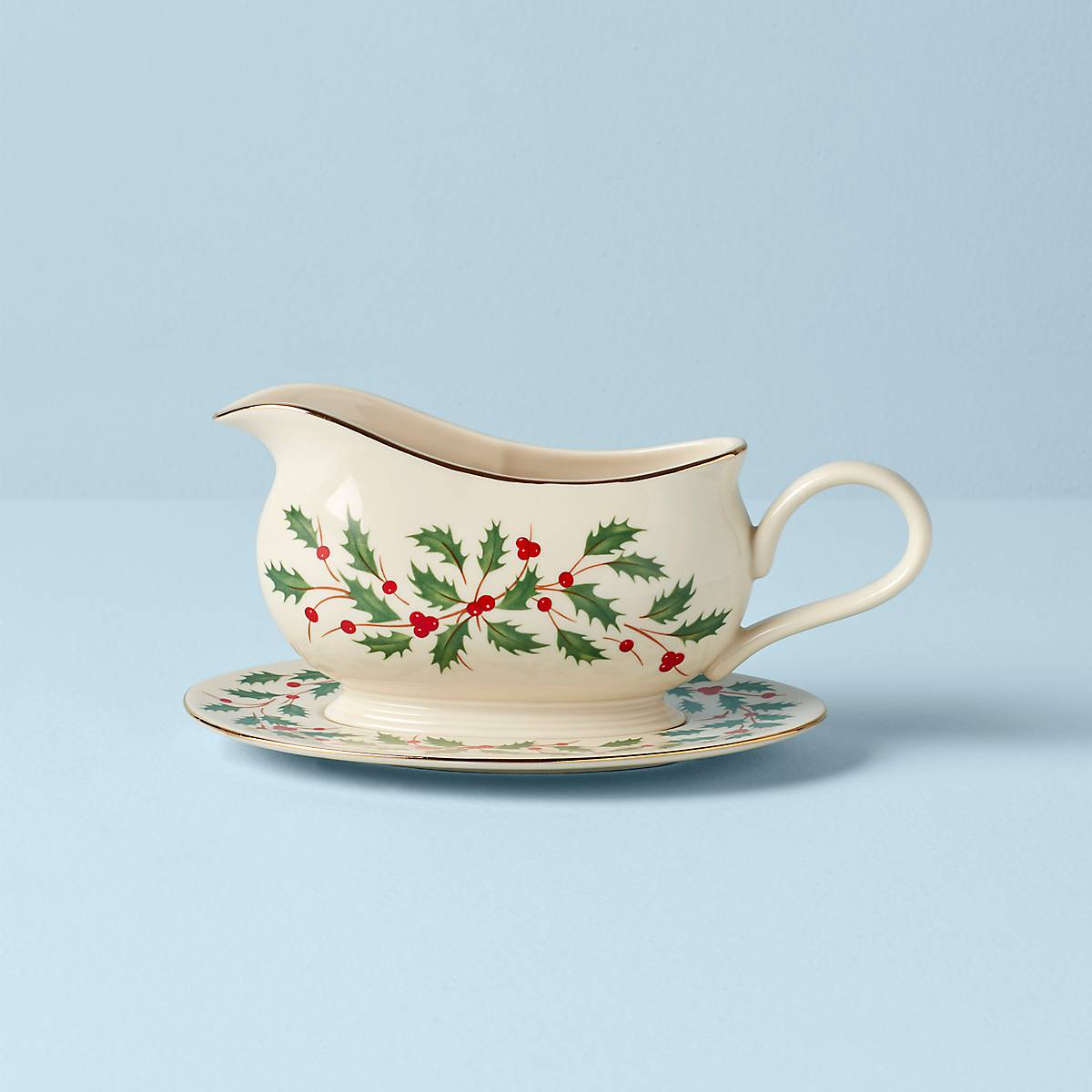 Ceramic Gravy Boat with Gold Accents & Holly Design | Holiday Serving