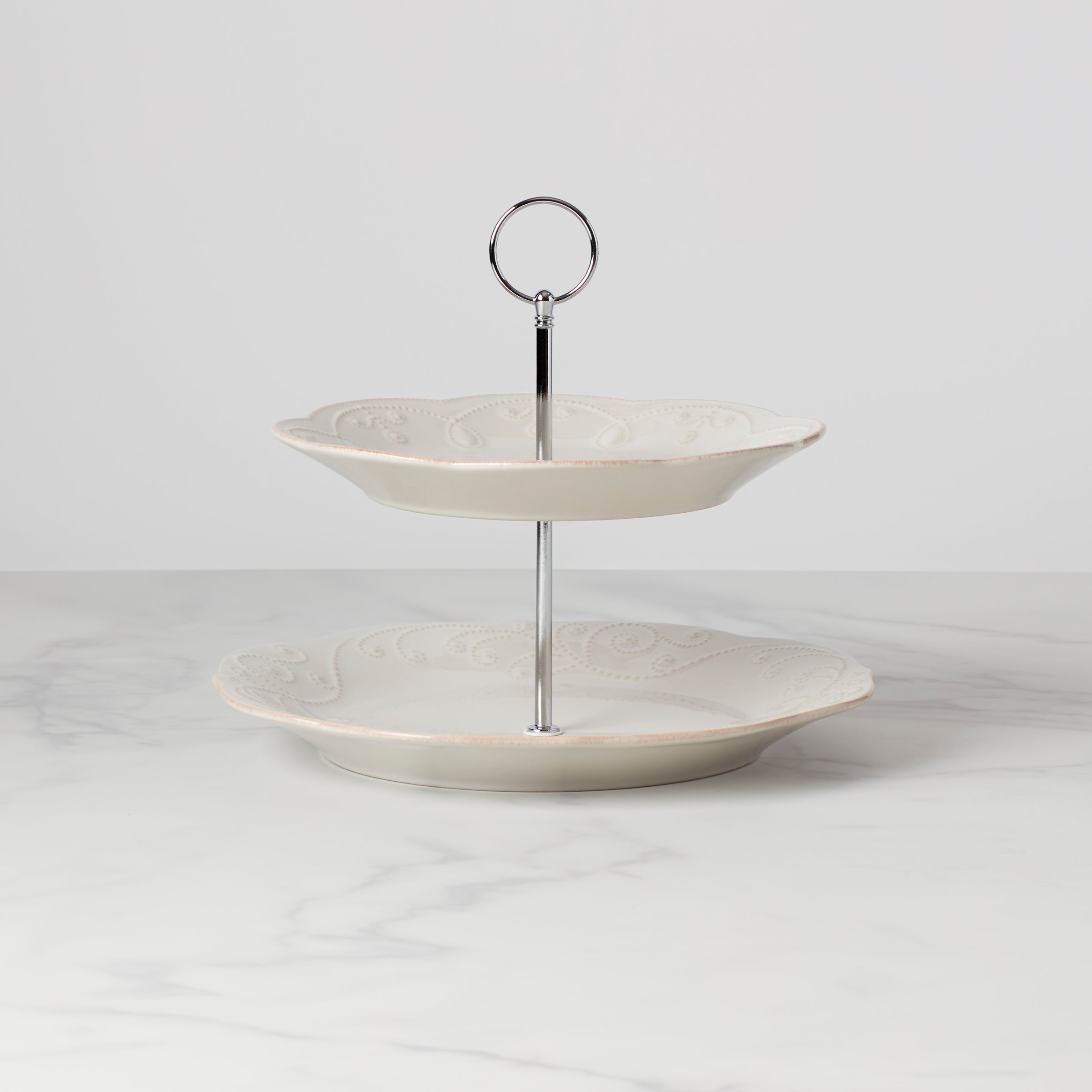 White Ceramic 2-Tiered Server with Scalloped Beaded Border | French Perle