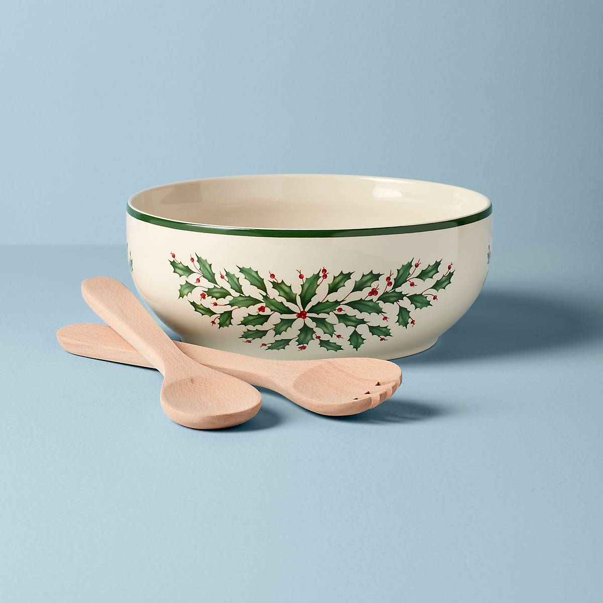 Festive Ceramic Salad Bowl with Wooden Servers | Lenox Holly & Berries Set