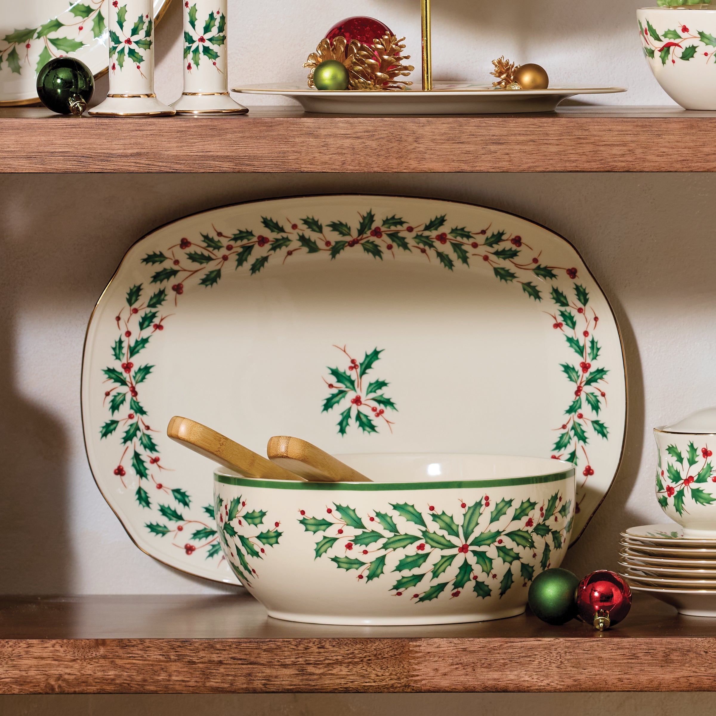 Festive Ceramic Salad Bowl with Wooden Servers | Lenox Holly & Berries Set