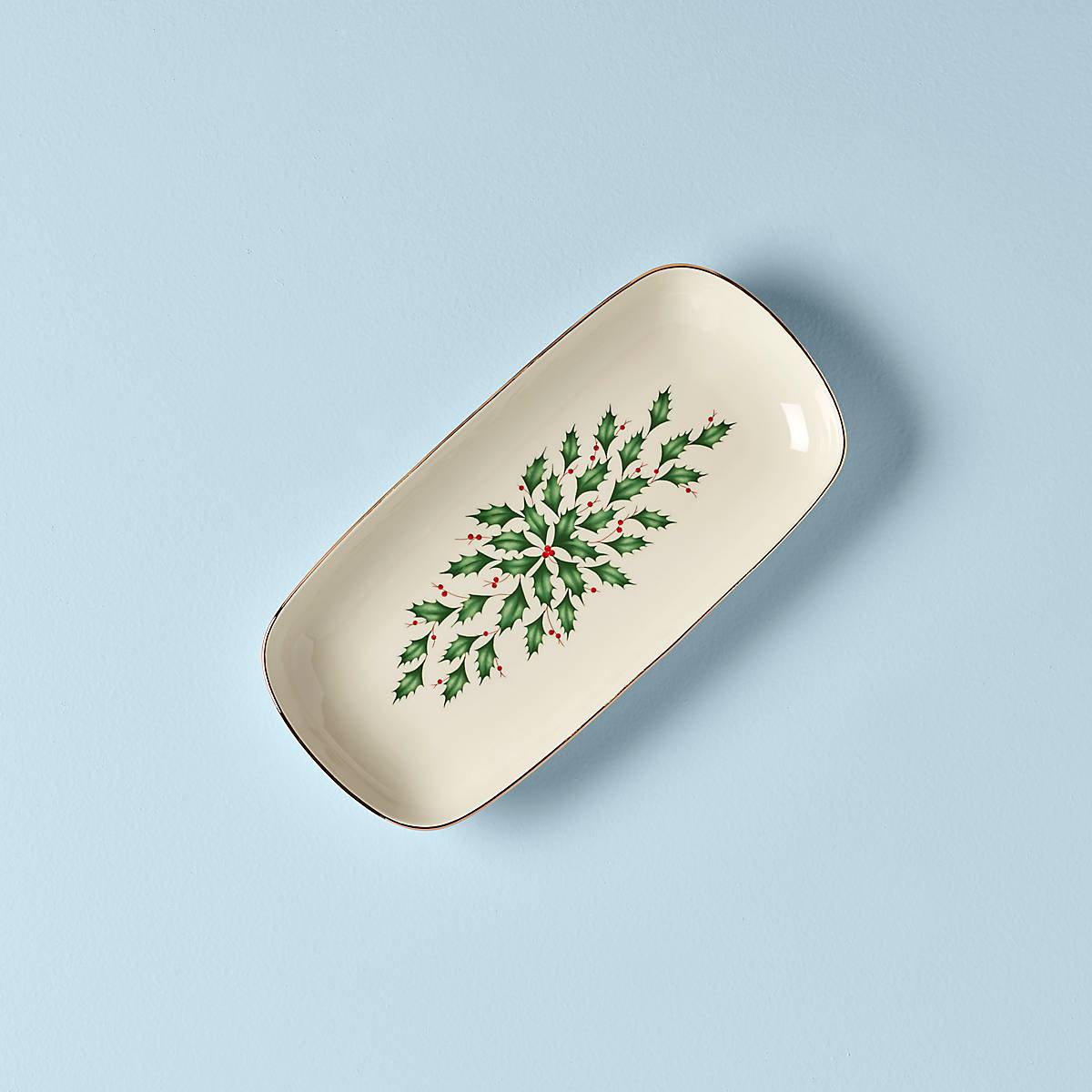 Festive Ceramic Bread Tray with Holly Motif & Gold Accents | Holiday Hosting