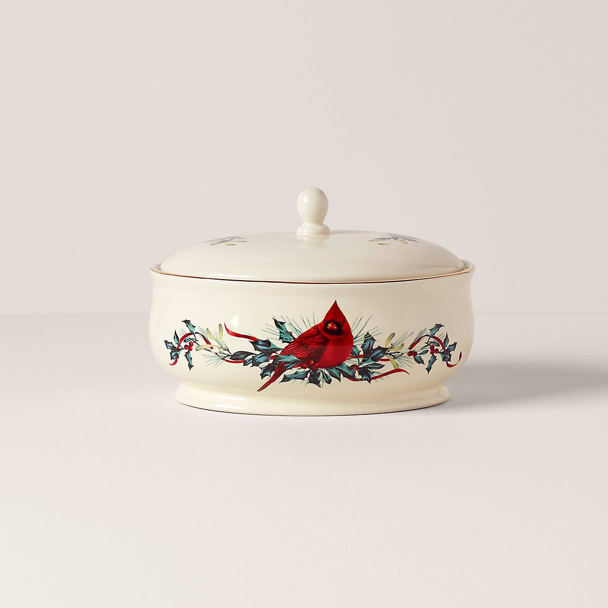 Ceramic Covered Dish with Cardinal Design & Gold Accents | Winter Greetings