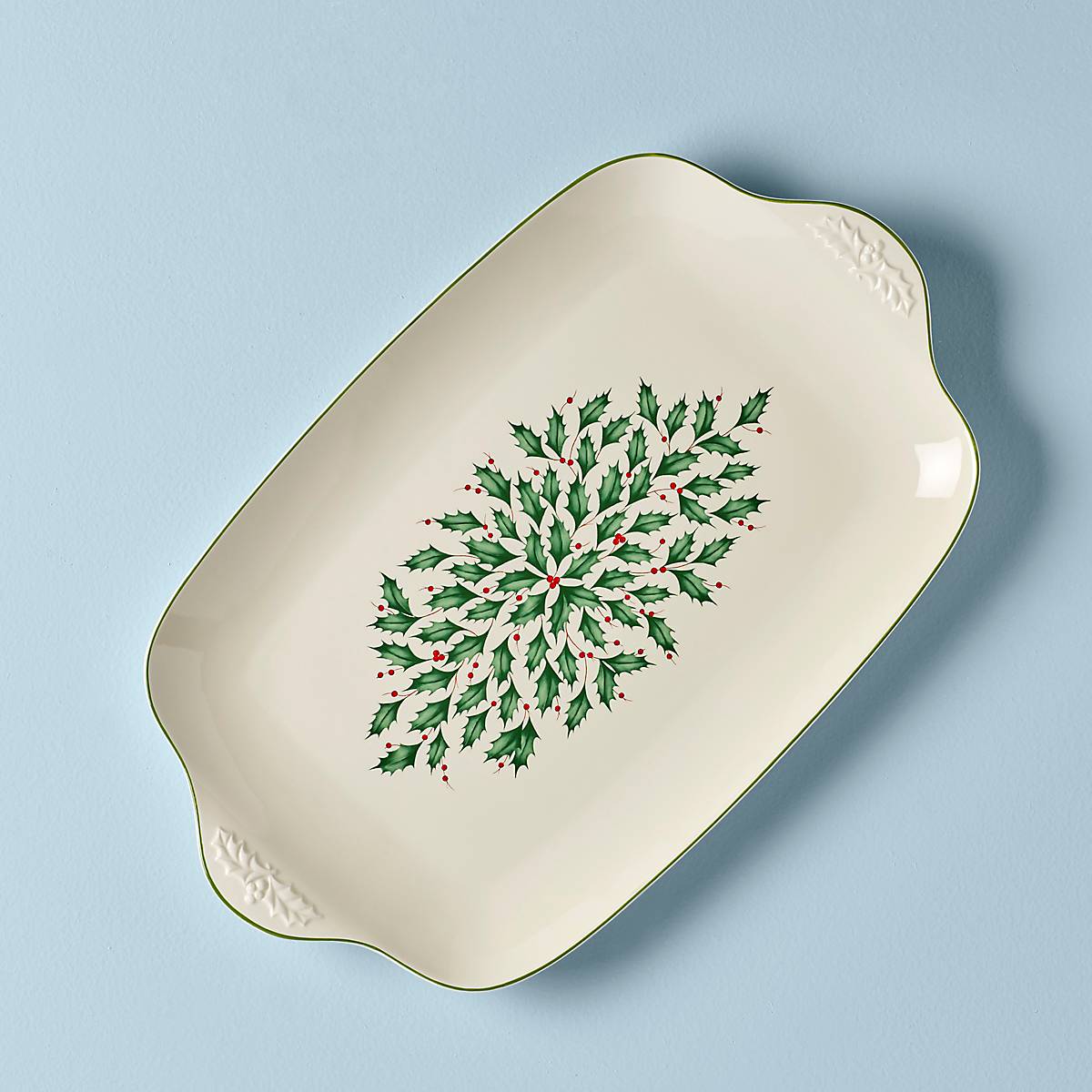 Holiday Serving Platter with Holly Design | Porcelain Christmas Dish