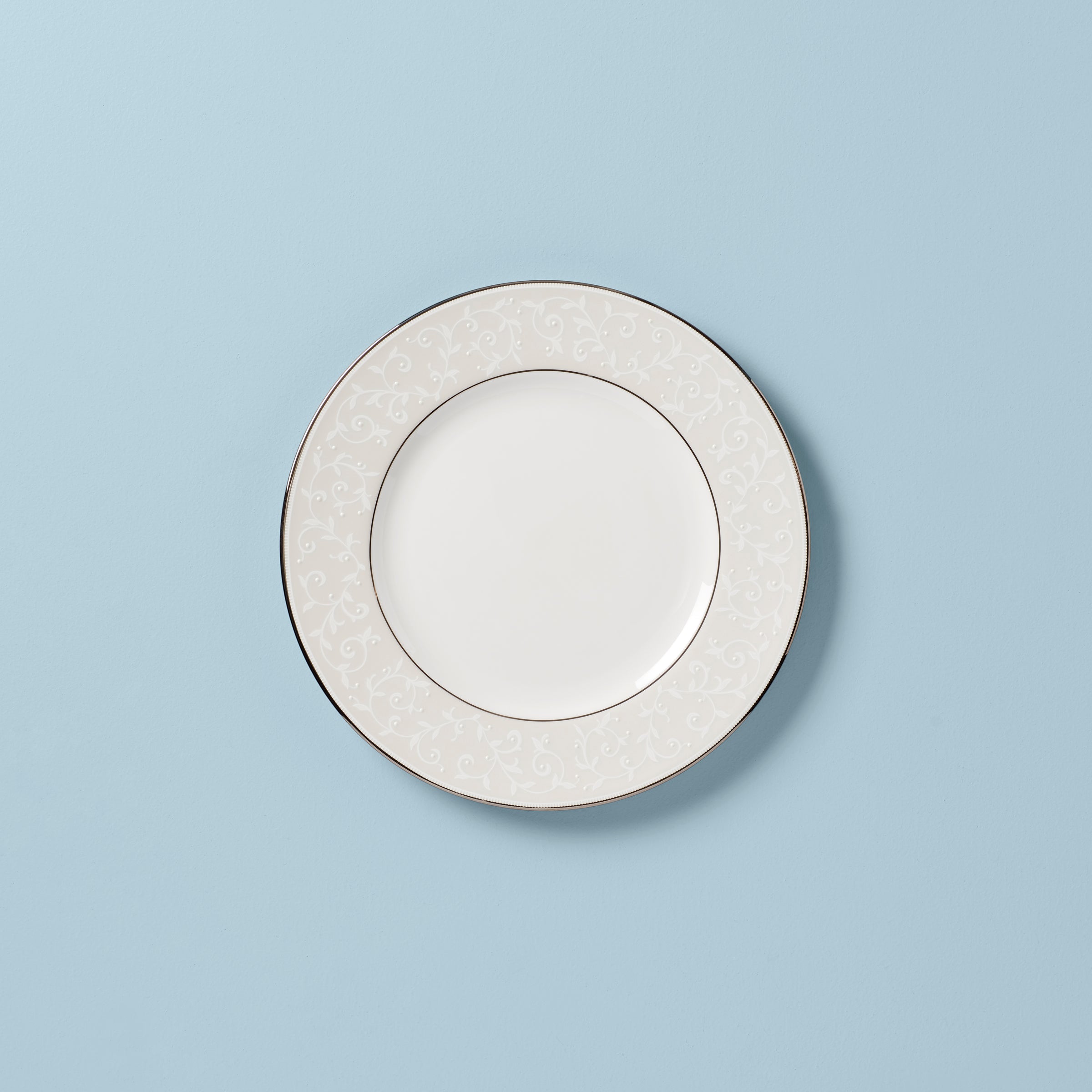 Pearlescent Bone China Dinner Plate with Platinum Accents | Opal Innocence