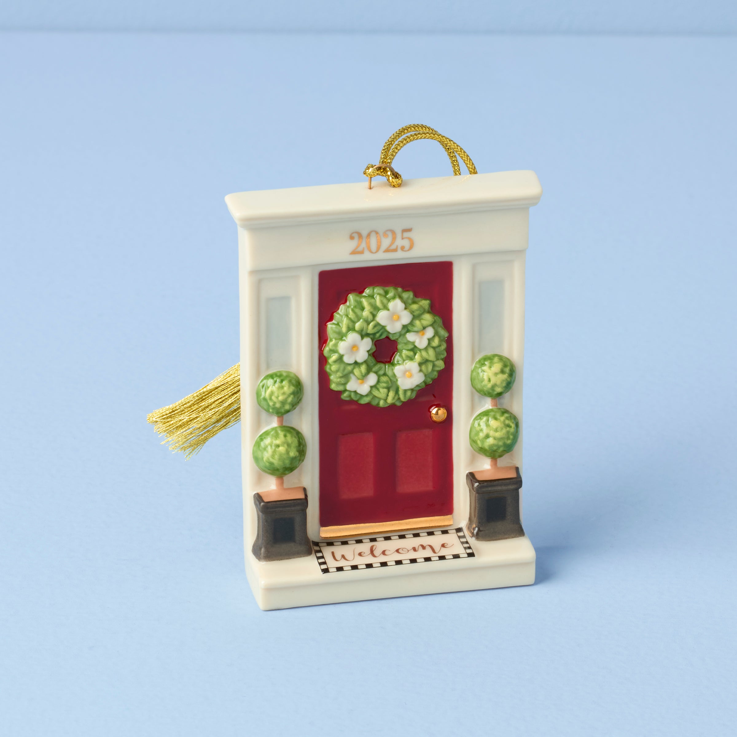 2025 New Home Christmas Ornament with Festive Wreath & Gold Entryway