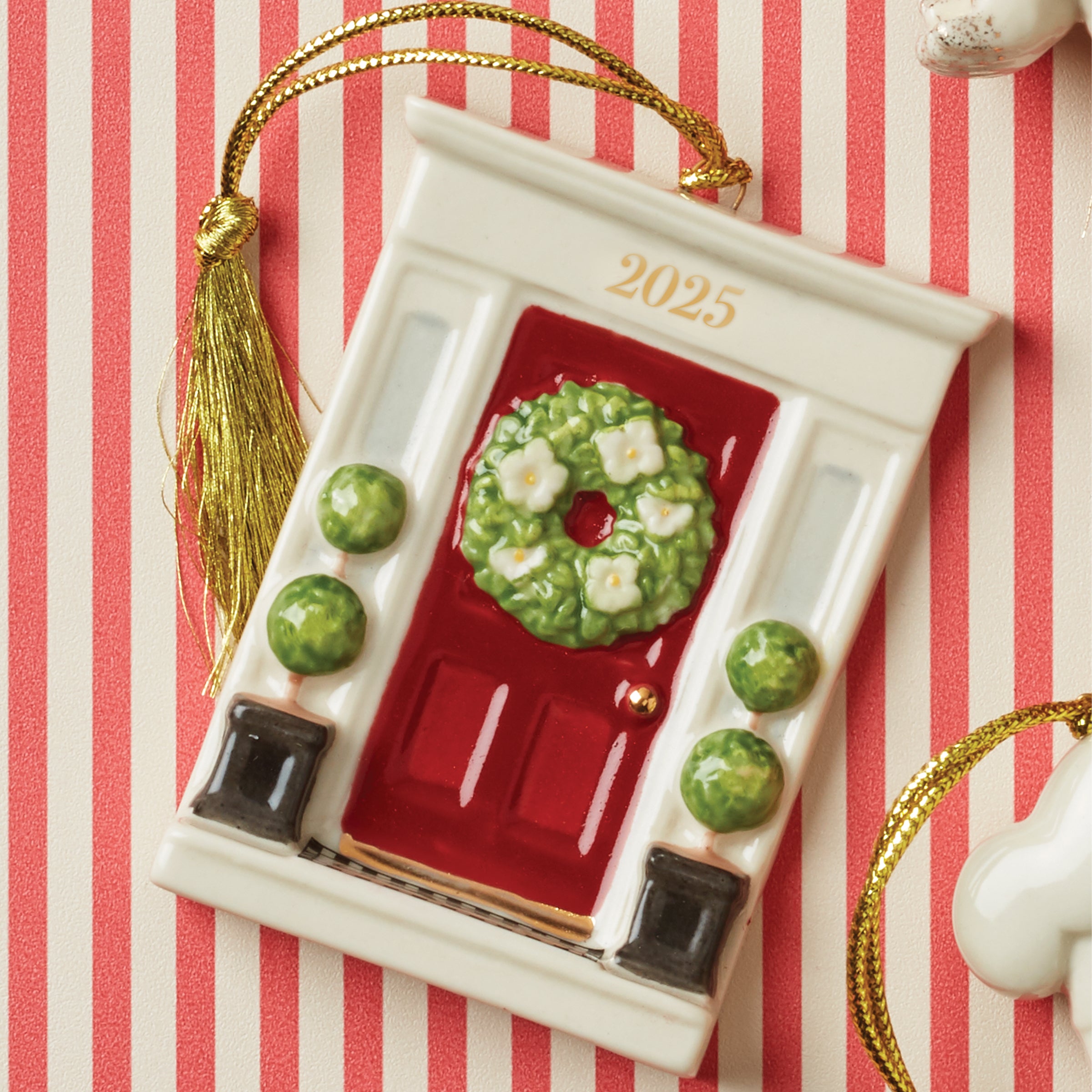 2025 New Home Christmas Ornament with Festive Wreath & Gold Entryway