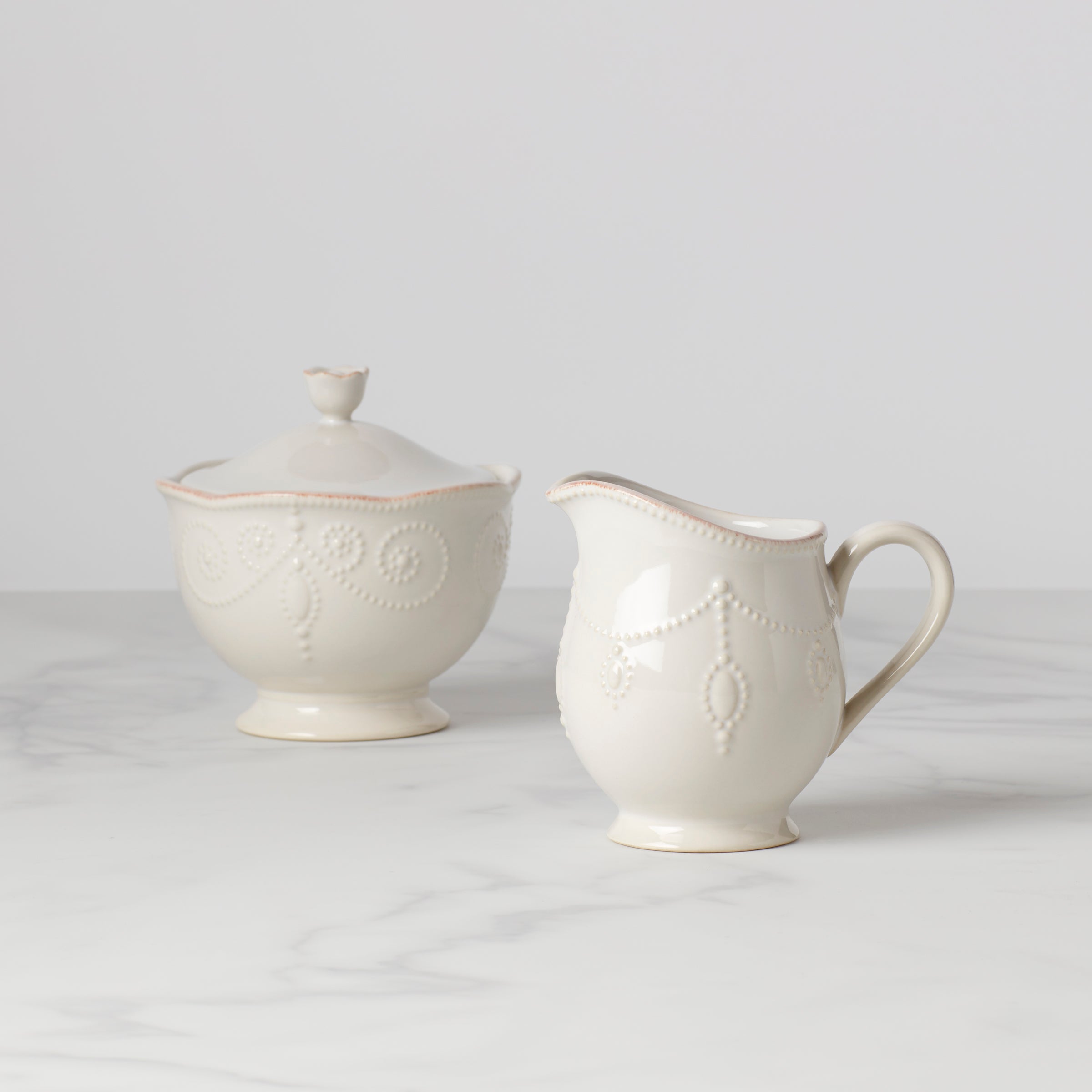 French Ceramic Sugar & Creamer Set with Tea-Stained Rim | Perle White