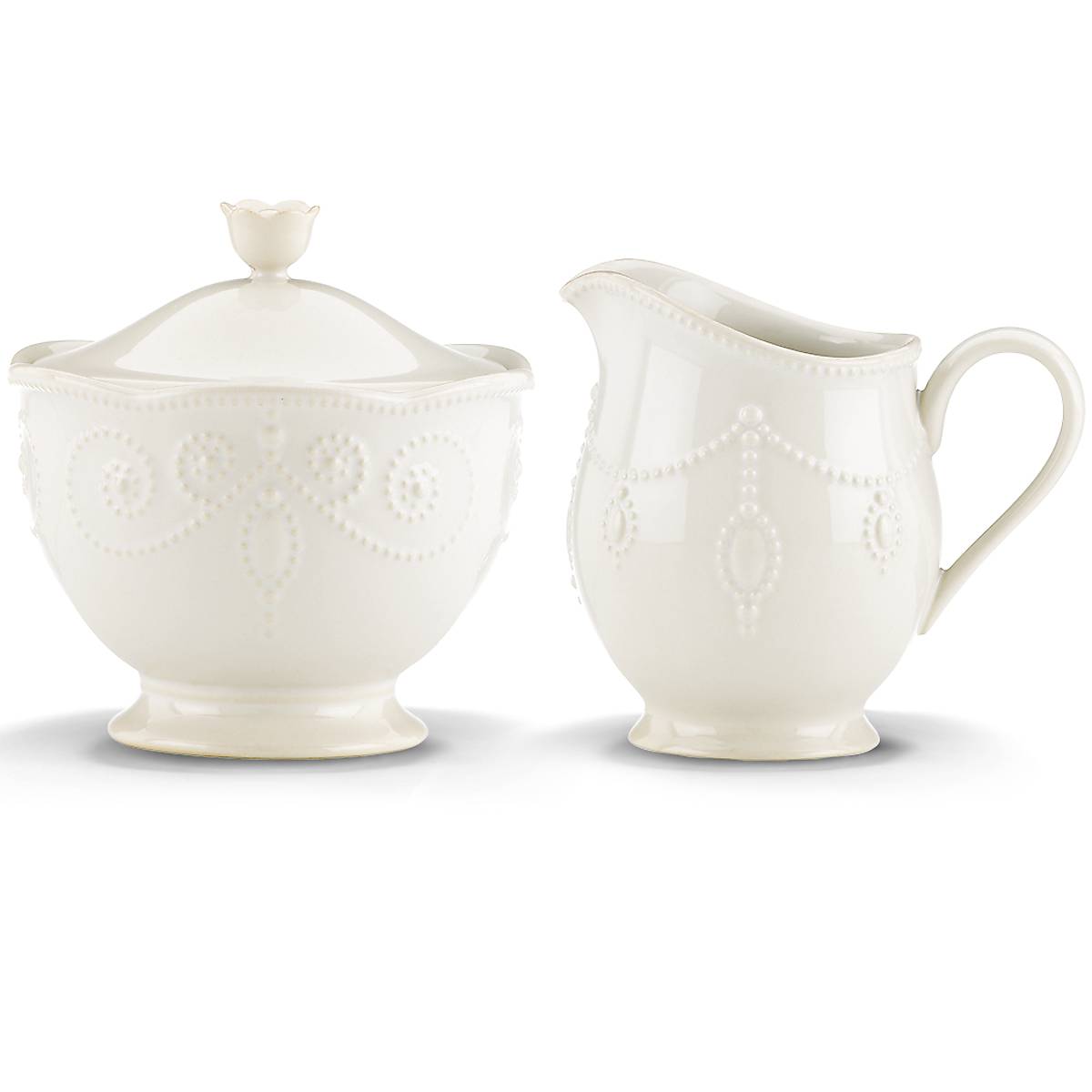 French Ceramic Sugar & Creamer Set with Tea-Stained Rim | Perle White