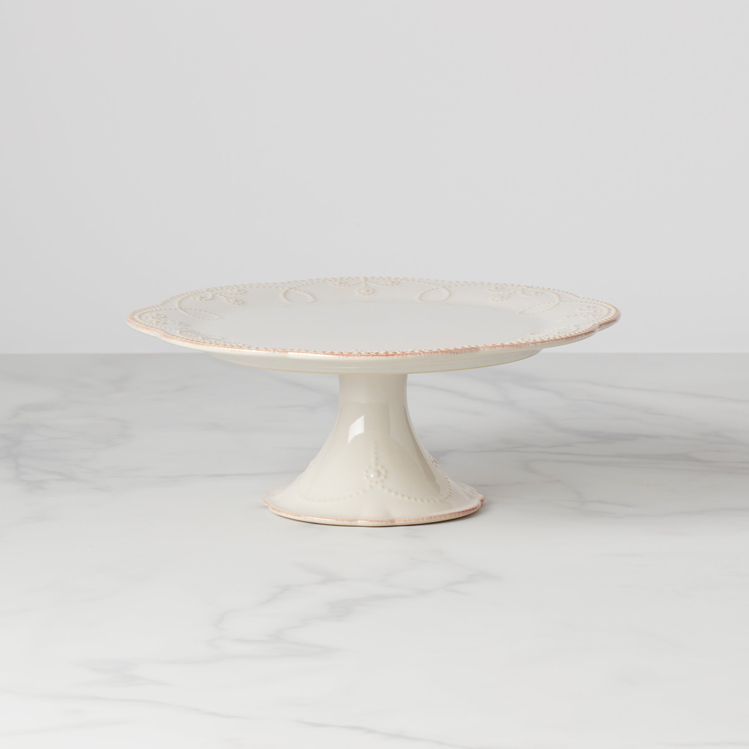 White Ceramic Pedestal Cake Plate with Scalloped Edge | French Perle