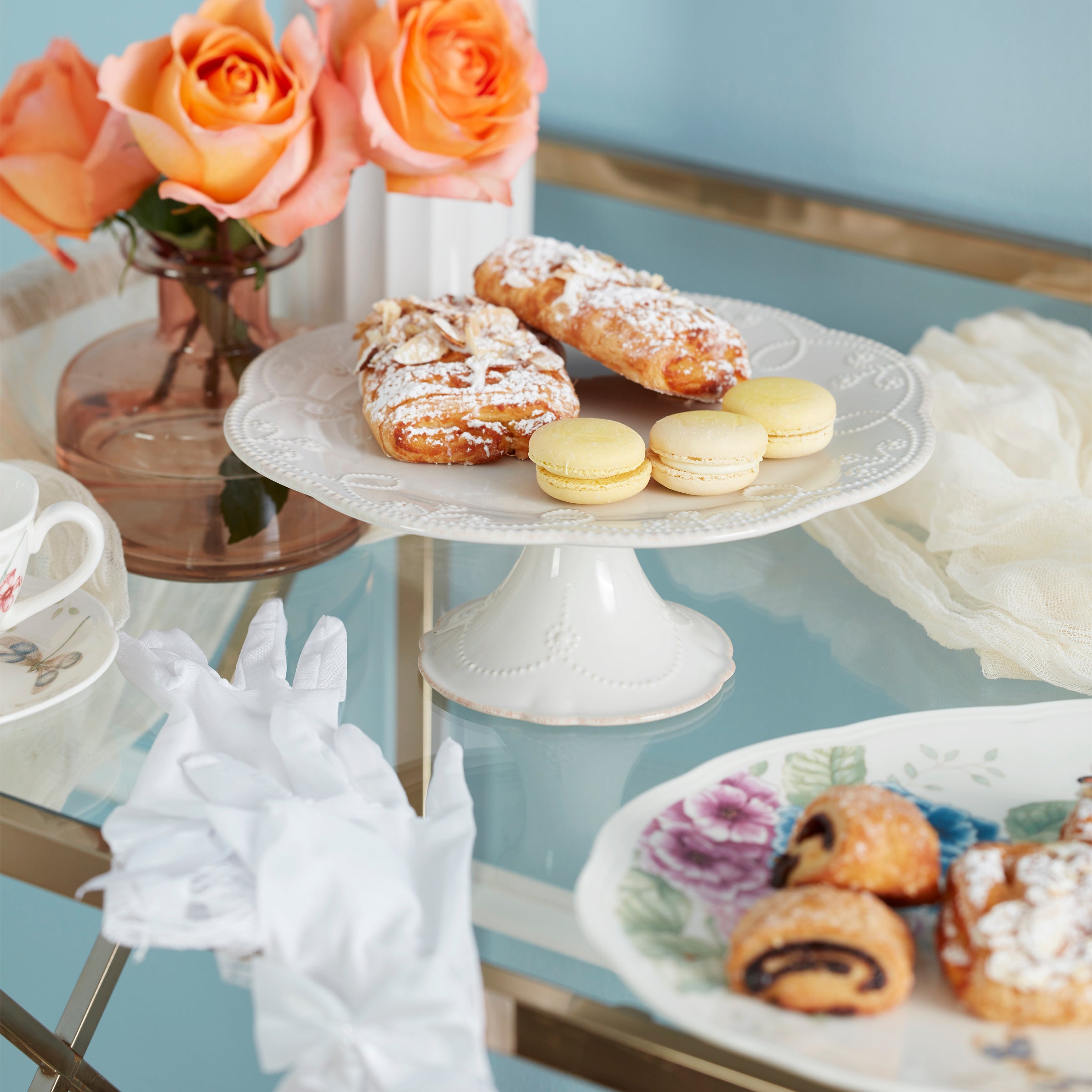 White Ceramic Pedestal Cake Plate with Scalloped Edge | French Perle
