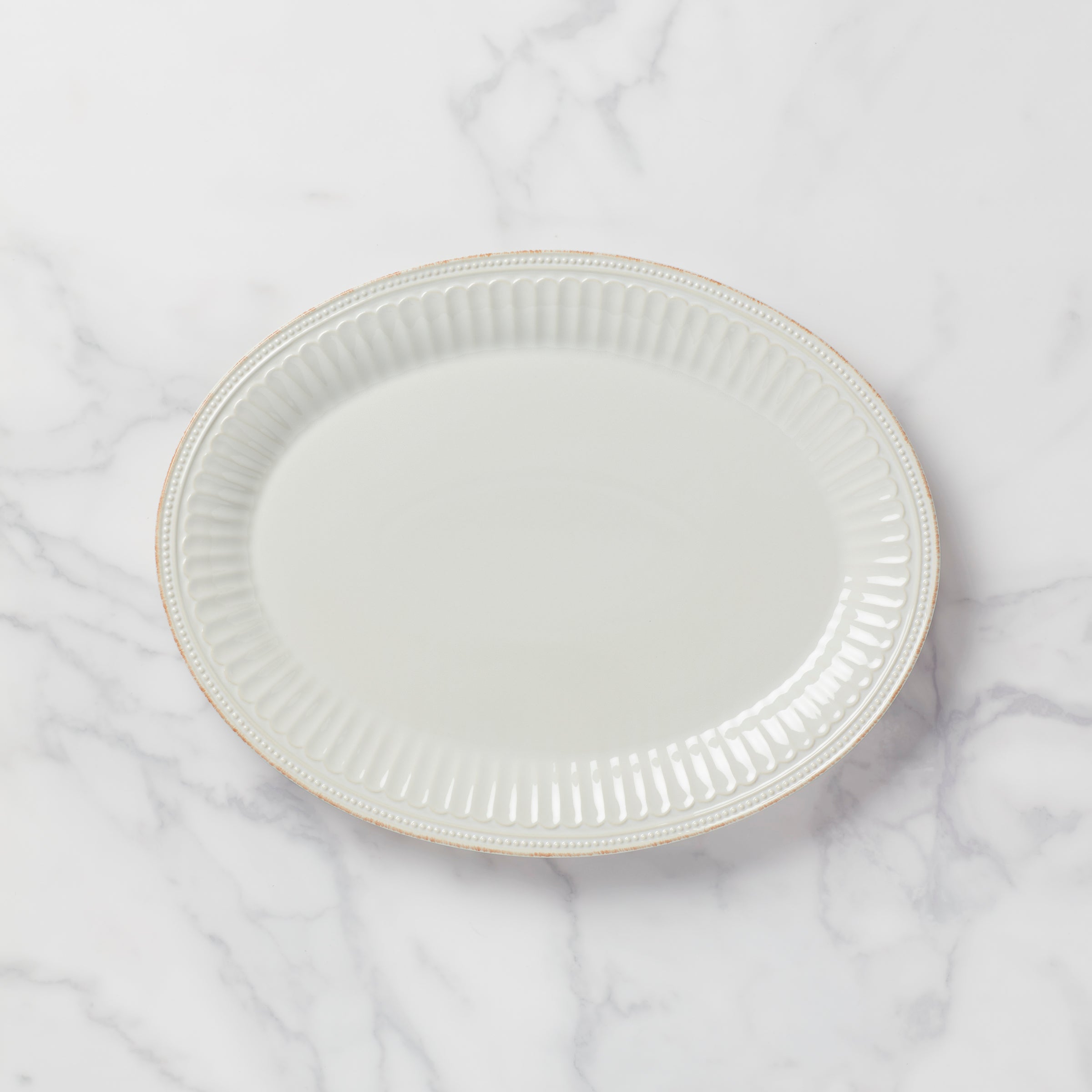 French Country White Ceramic Platter with Grooves & Beads | Perle Groove