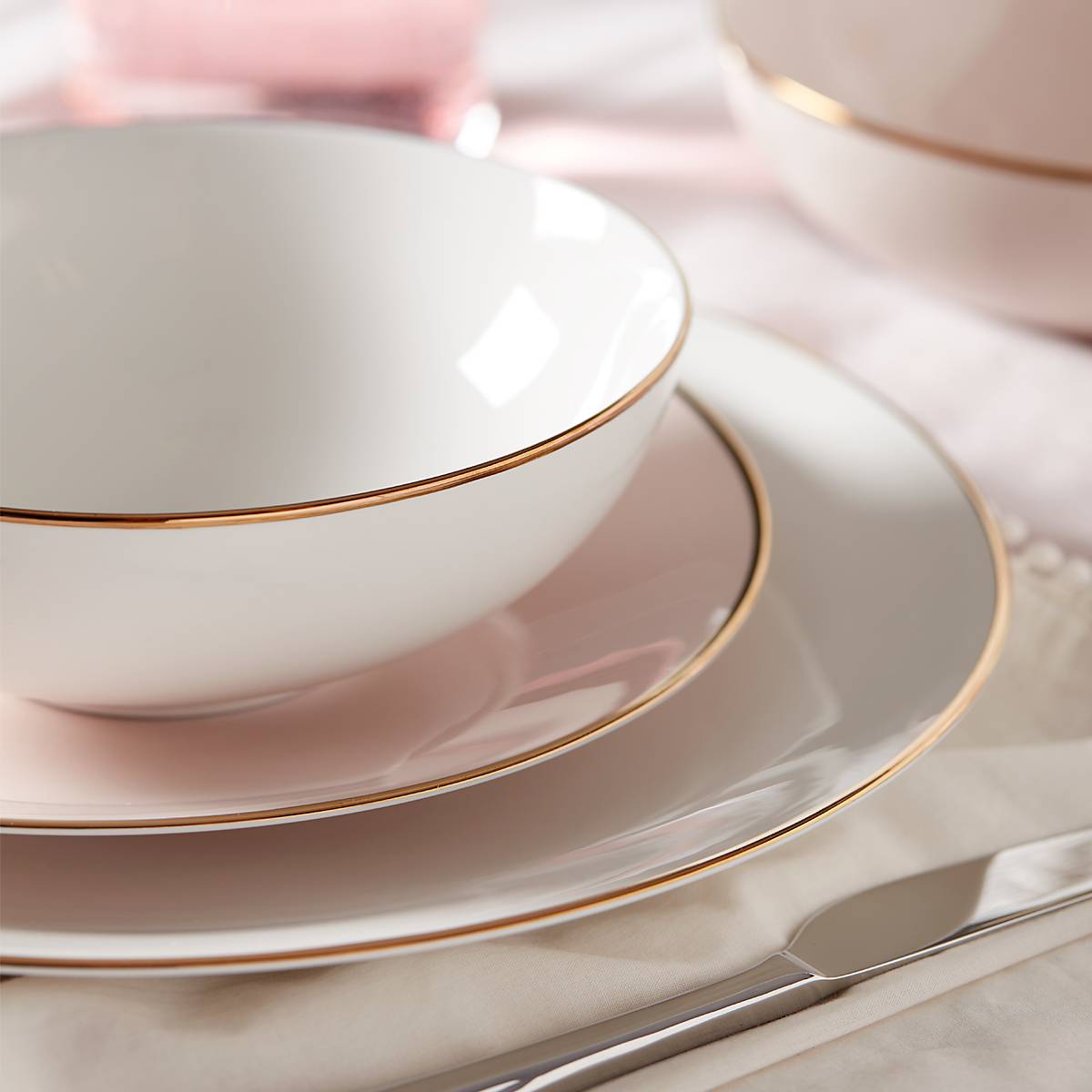 White Ceramic Dinner Plate with Gold Accents | Trianna