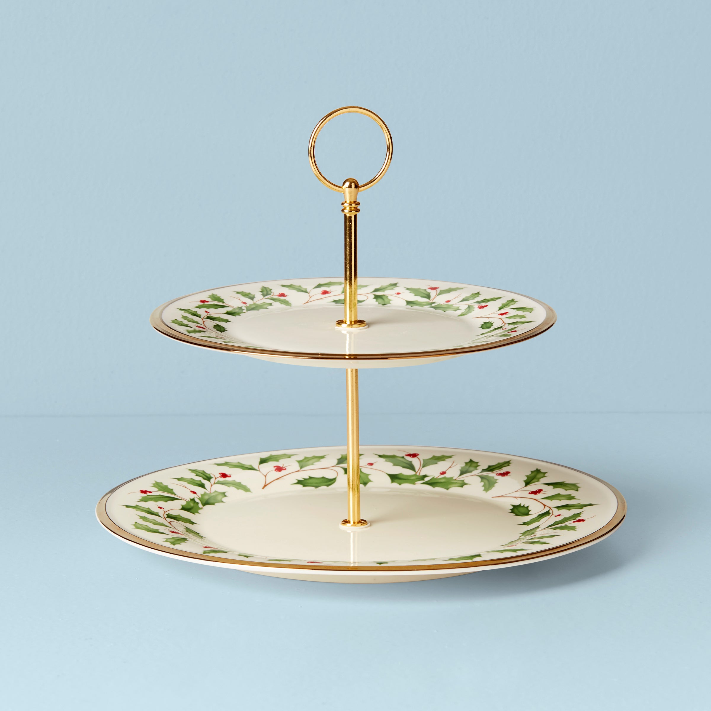 Porcelain 2-Tiered Holiday Serving Platter with Gold Accents
