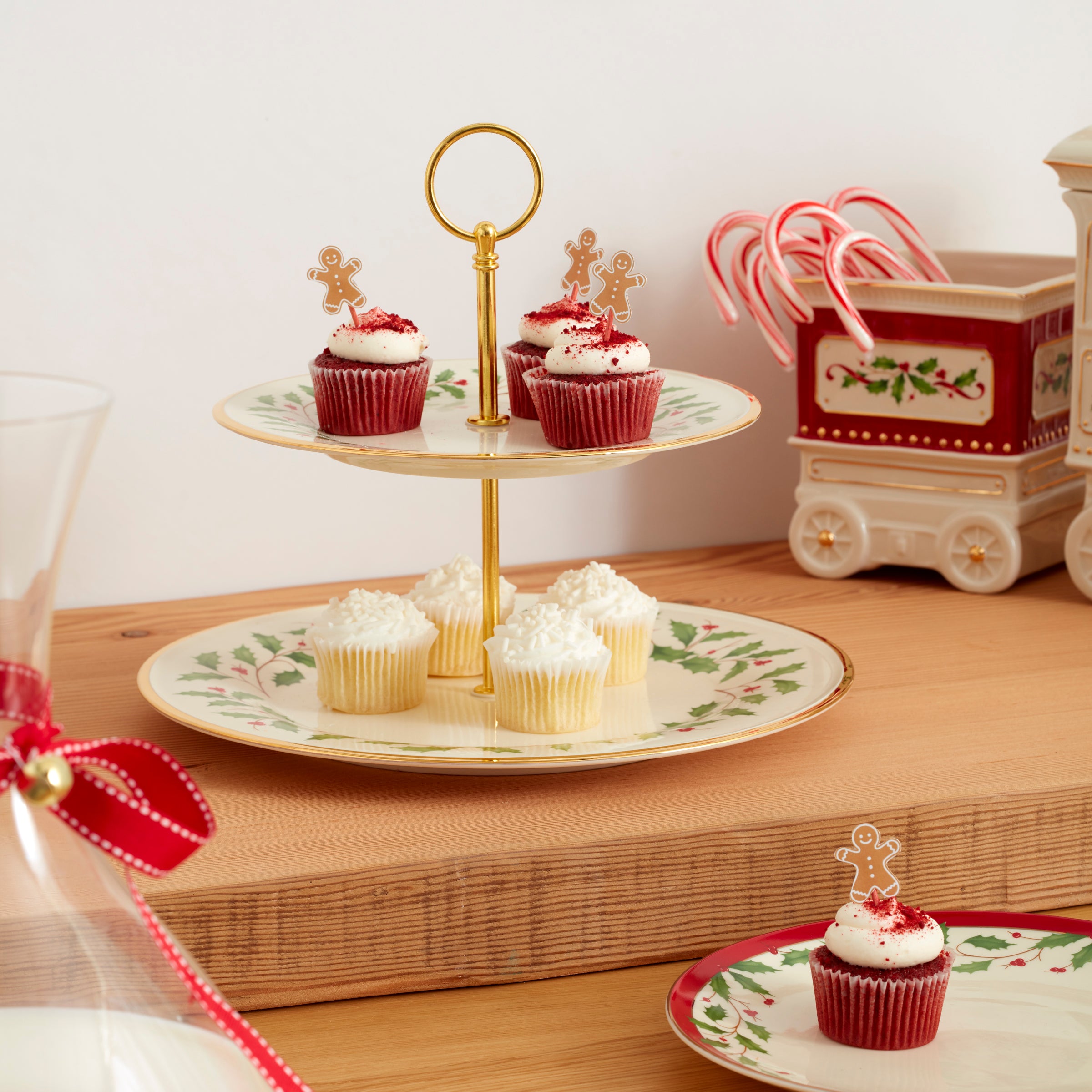 Porcelain 2-Tiered Holiday Serving Platter with Gold Accents