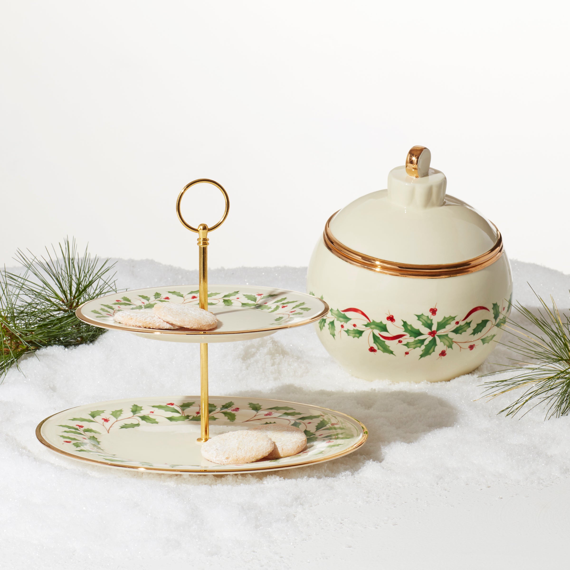 Porcelain 2-Tiered Holiday Serving Platter with Gold Accents