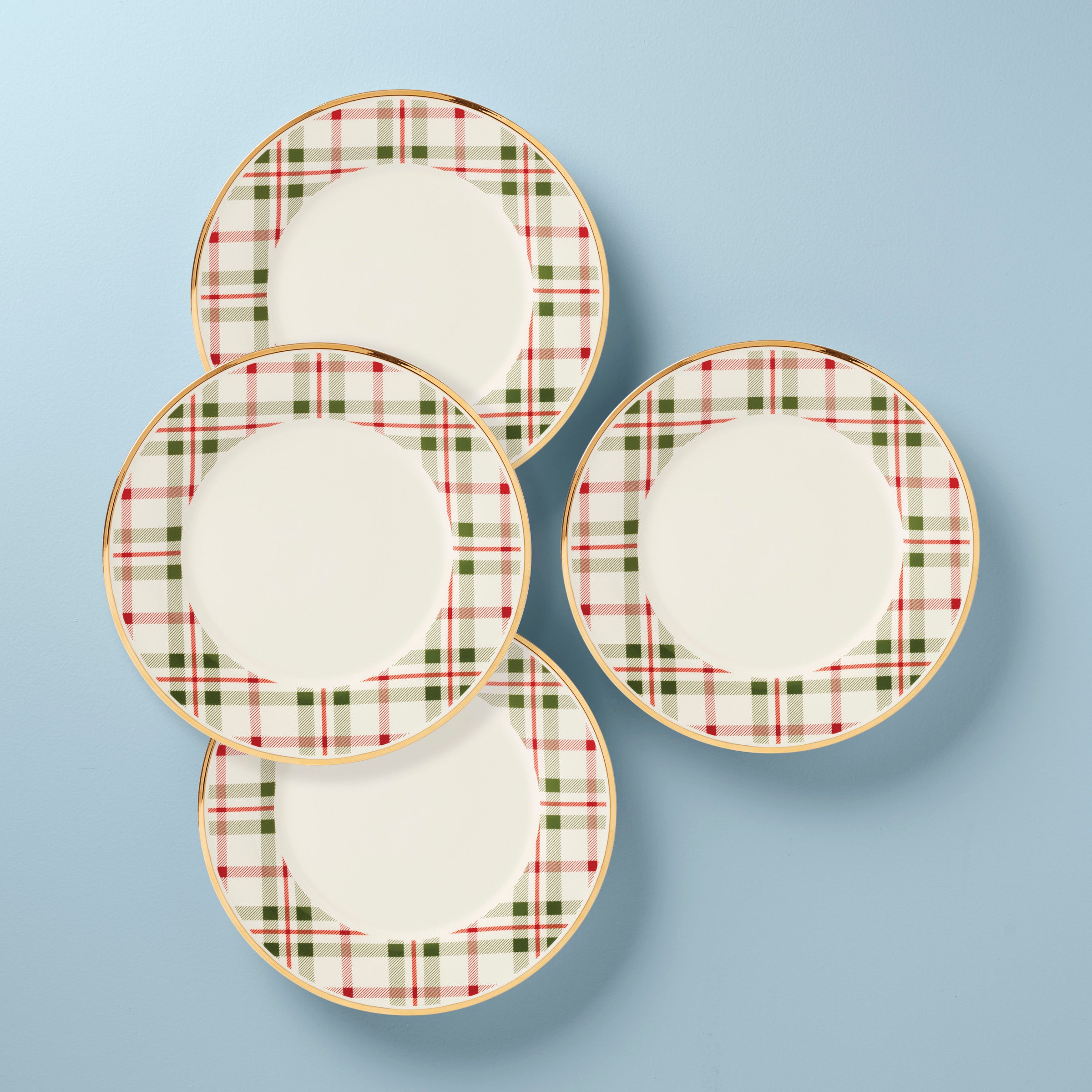 Holiday Plaid Dinner Plates Set of 4 with Gold Holly Motifs | Festive Tartan Design