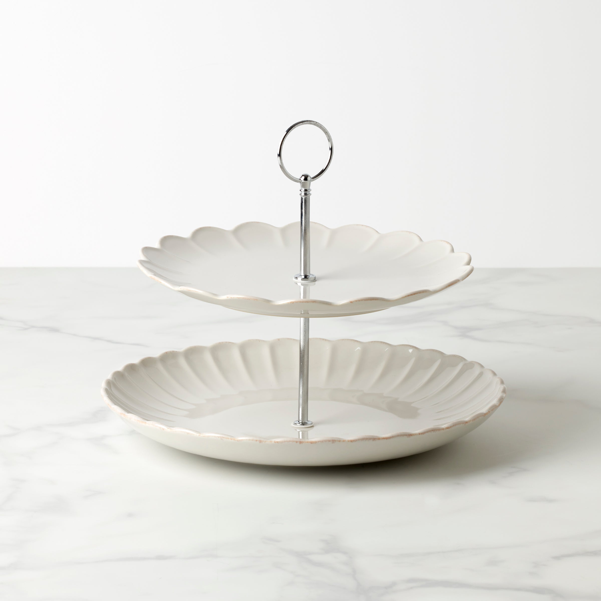 Scallop White 2-Tier Serving Platter with Tea-Stained Rim | French Perle