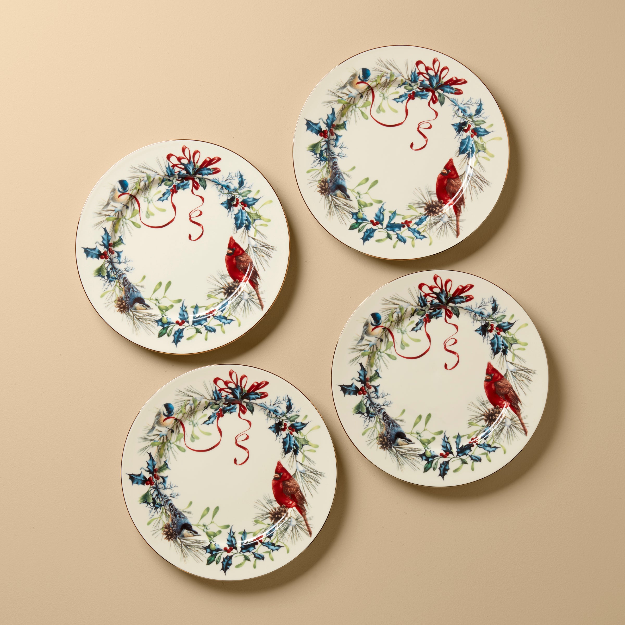 Winter Holiday Dinner Plates Set of 4 with Gold Accents | Porcelain