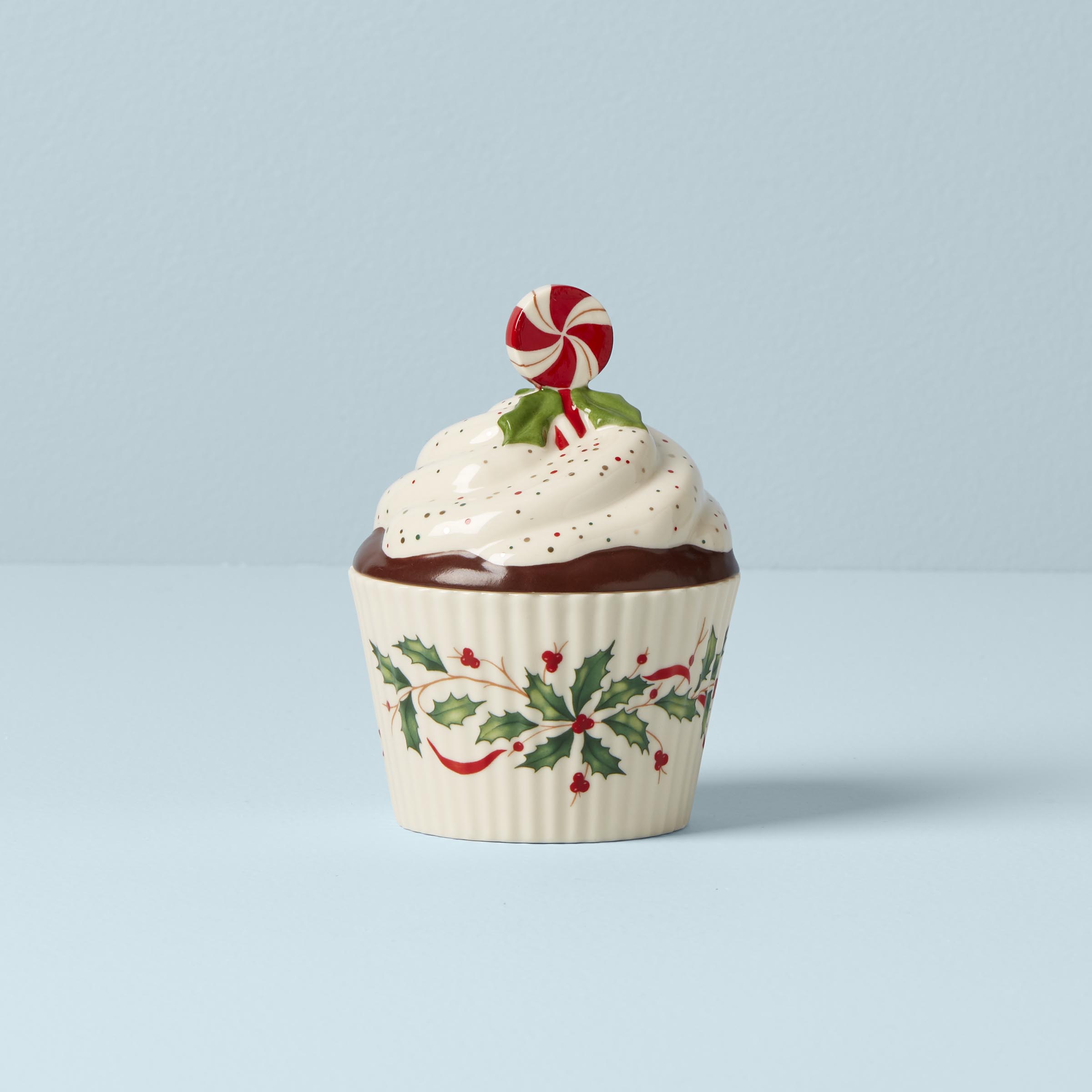 Holiday Cupcake Candy Dish with Holly Accents | Hand-Painted Treat Holder