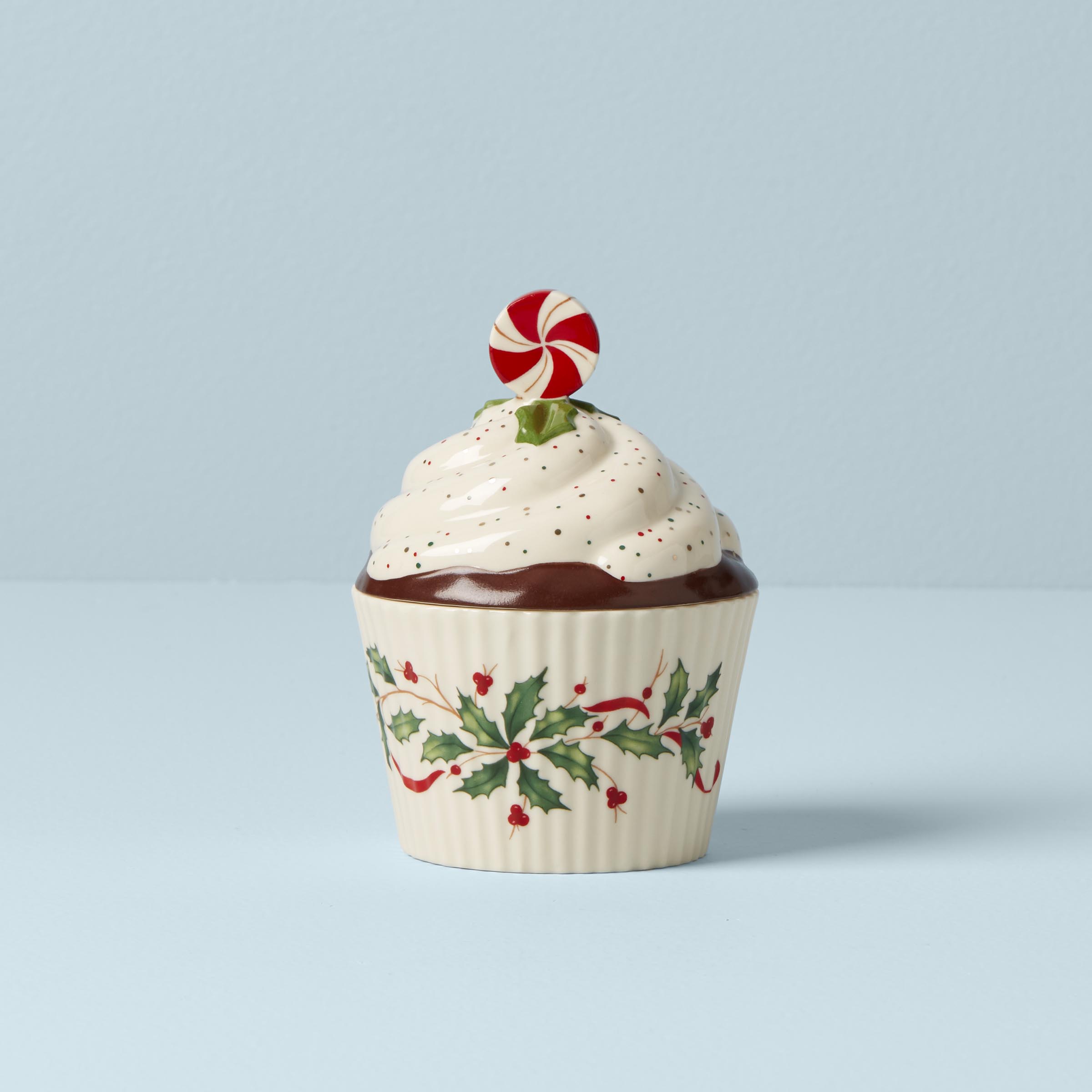 Holiday Cupcake Candy Dish with Holly Accents | Hand-Painted Treat Holder