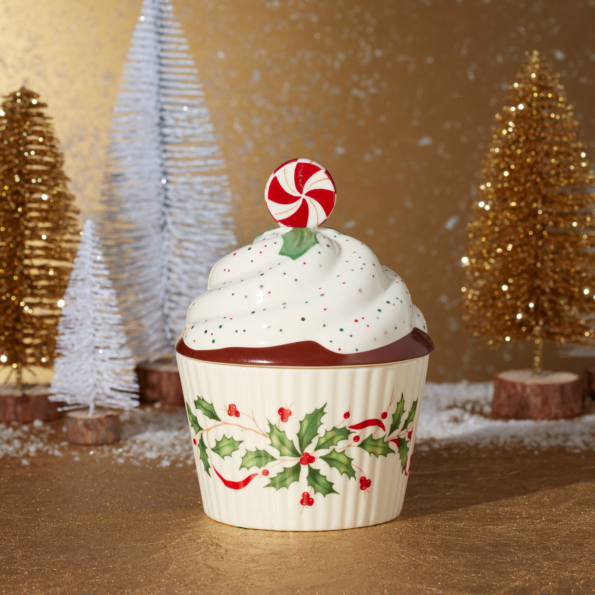 Holiday Cupcake Candy Dish with Holly Accents | Hand-Painted Treat Holder