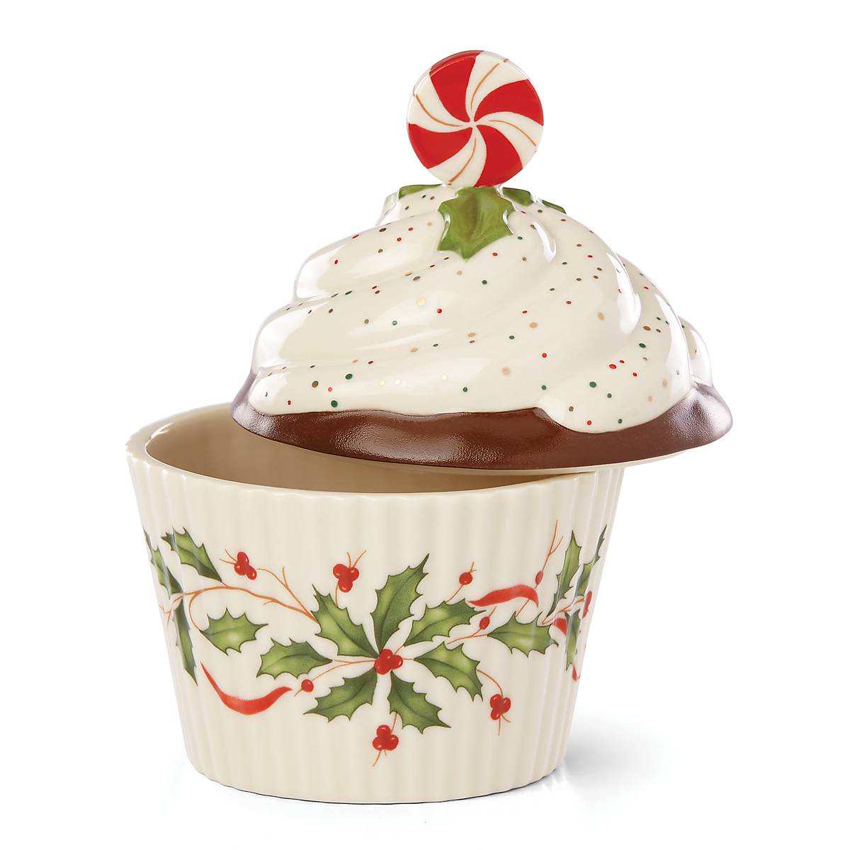 Holiday Cupcake Candy Dish with Holly Accents | Hand-Painted Treat Holder