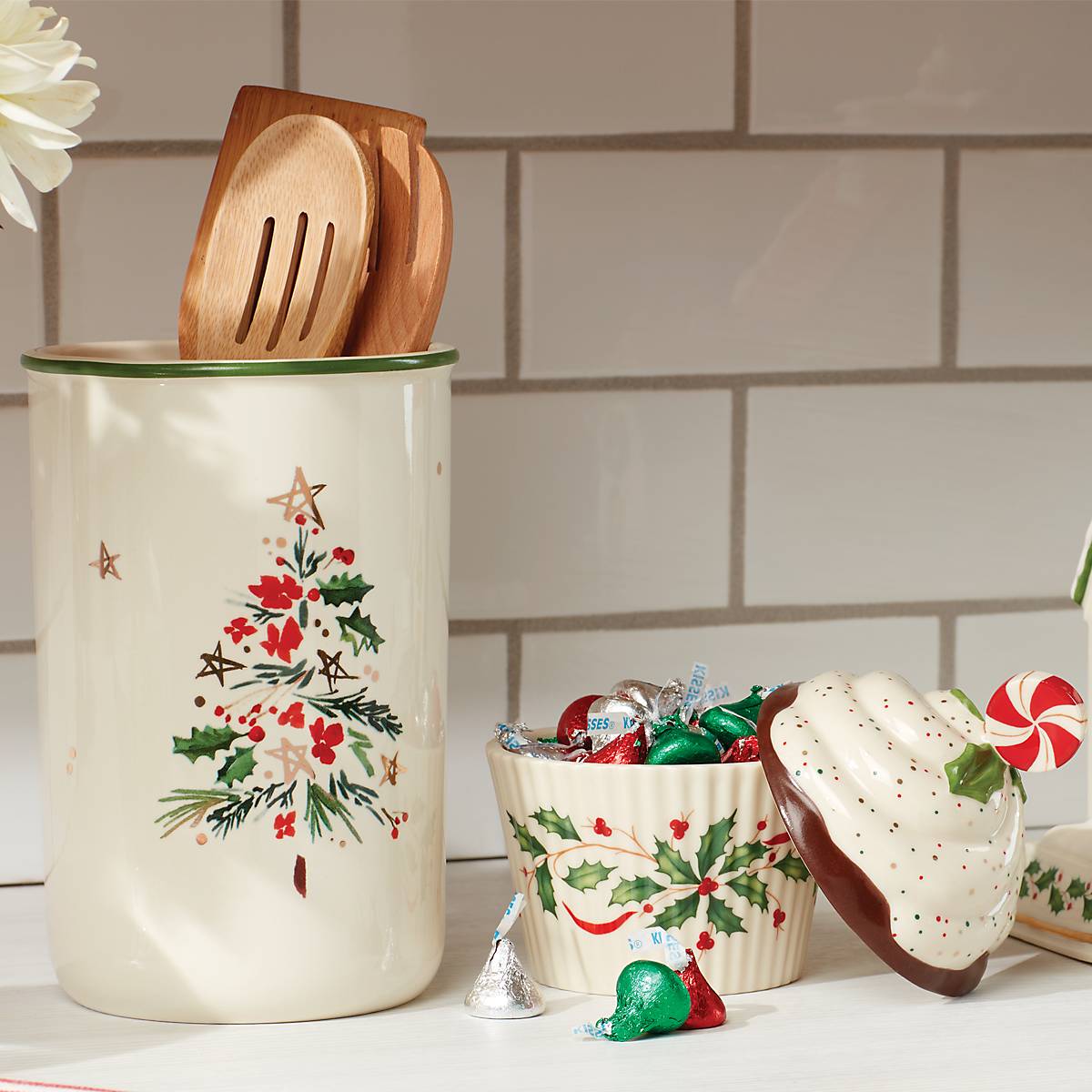 Holiday Cupcake Candy Dish with Holly Accents | Hand-Painted Treat Holder