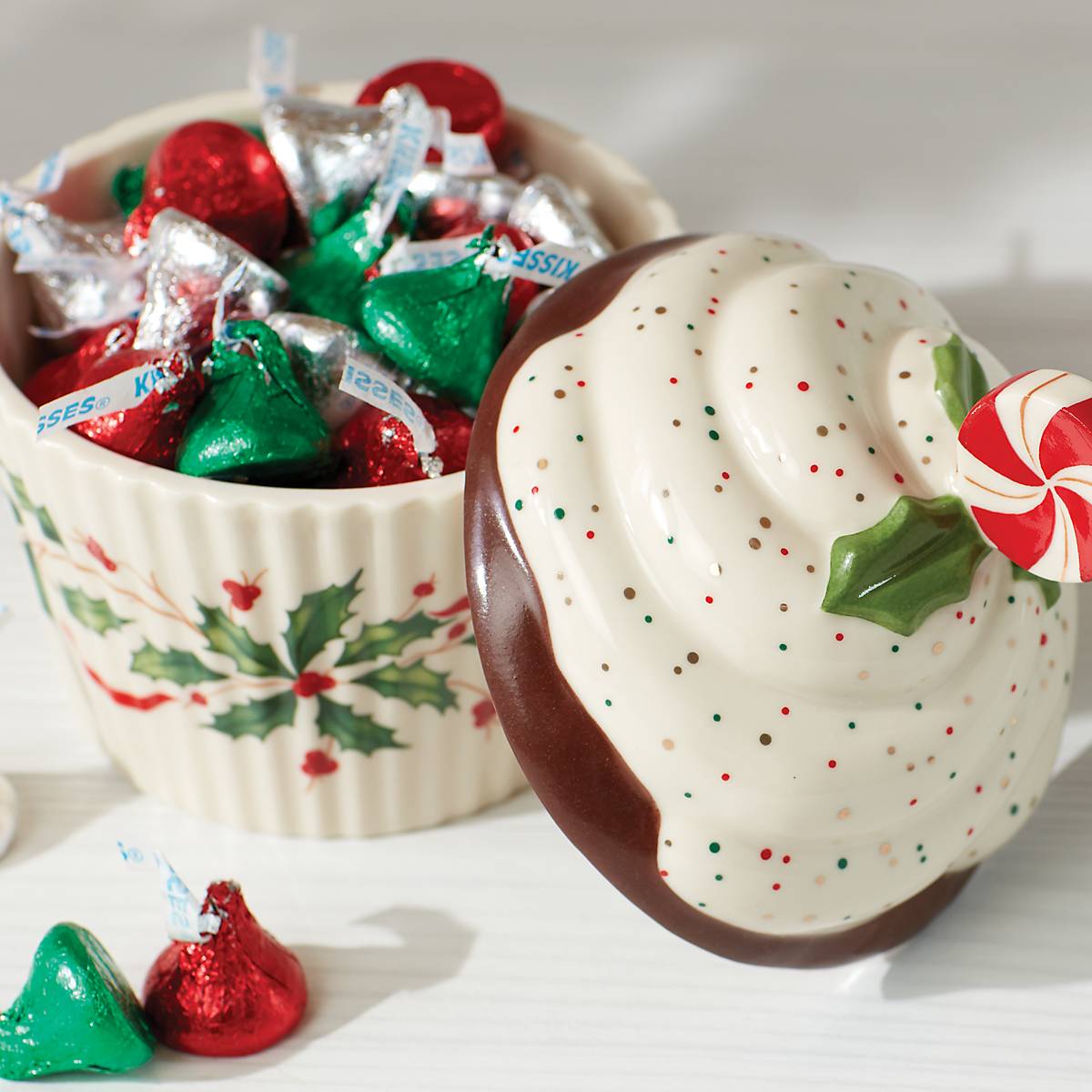 Holiday Cupcake Candy Dish with Holly Accents | Hand-Painted Treat Holder