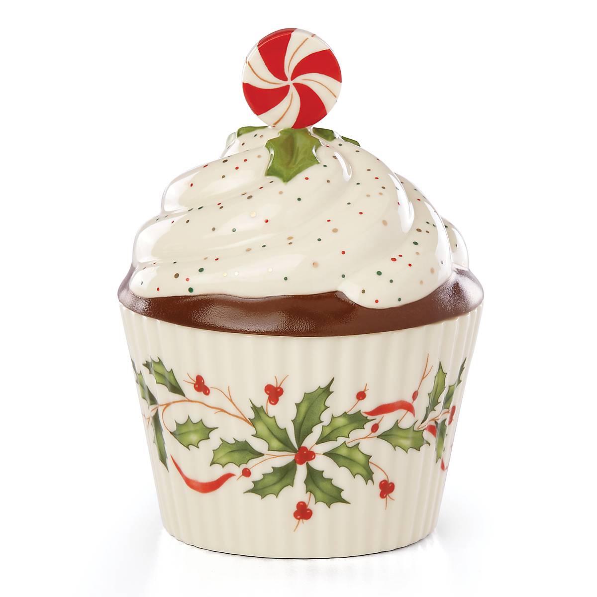 Holiday Cupcake Candy Dish with Holly Accents | Hand-Painted Treat Holder