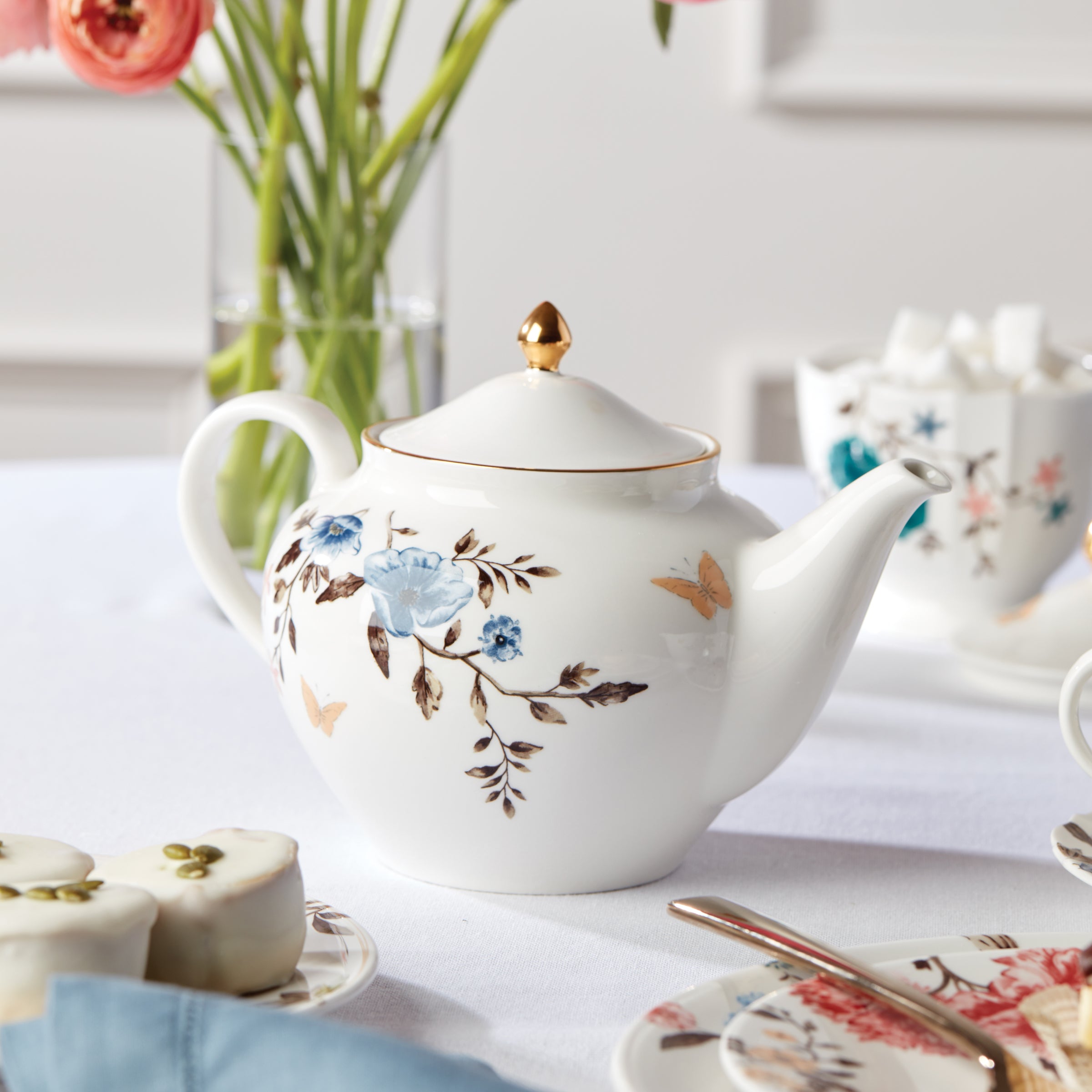 White Floral Teapot with Golden Finish | Sprig & Vine