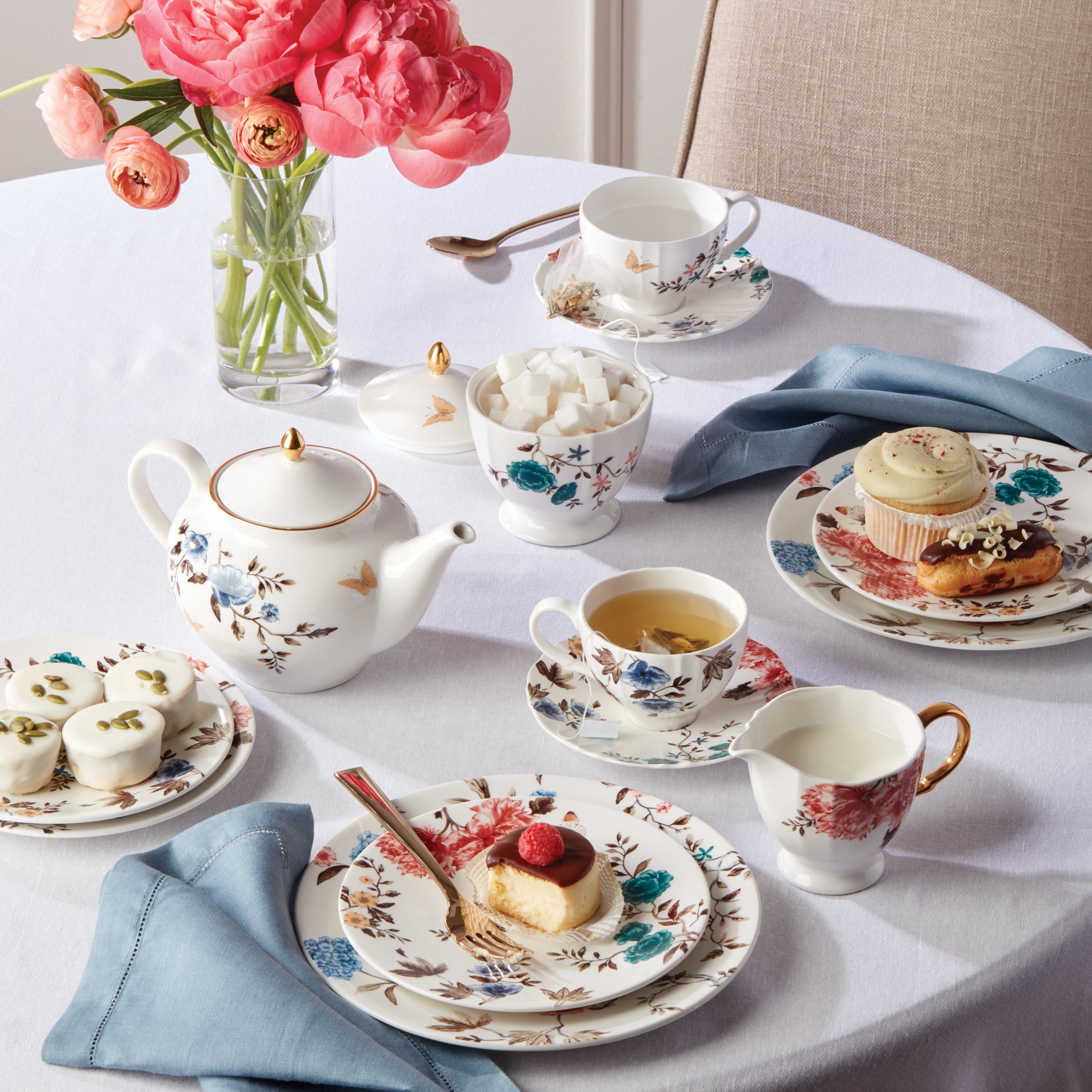 White Floral Teapot with Golden Finish | Sprig & Vine