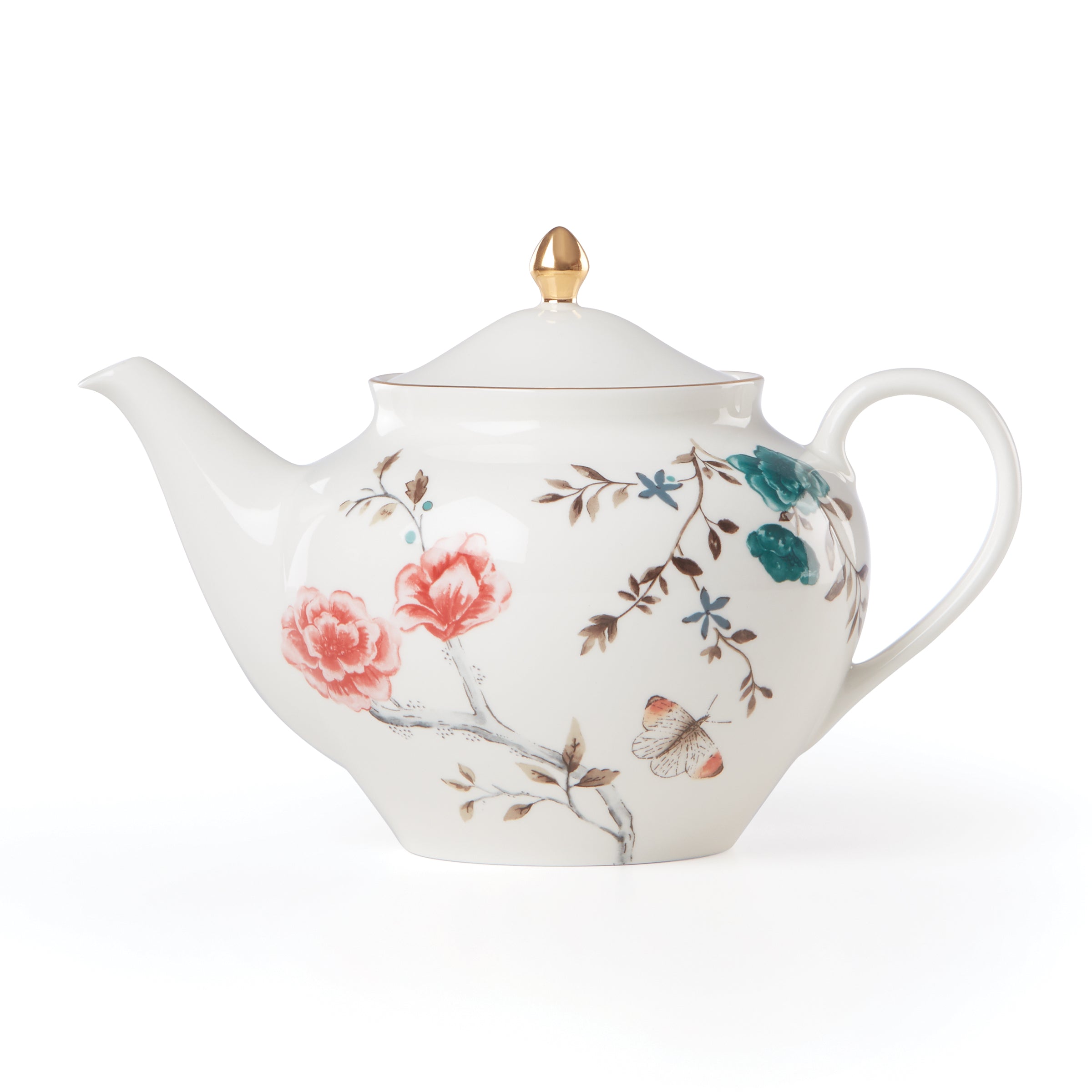 White Floral Teapot with Golden Finish | Sprig & Vine