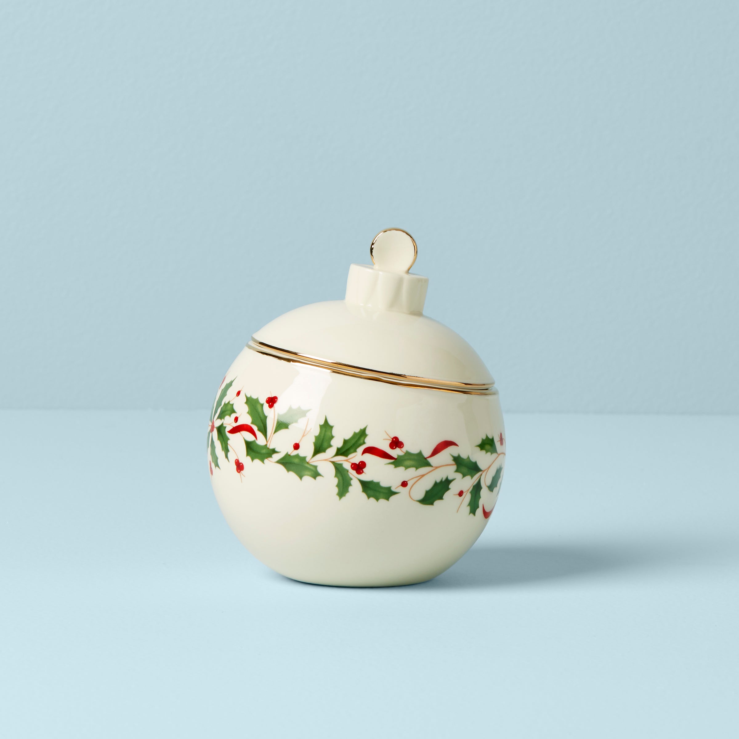 Holiday Ornament Candy Jar with 24k Gold Accents | Holly Motif