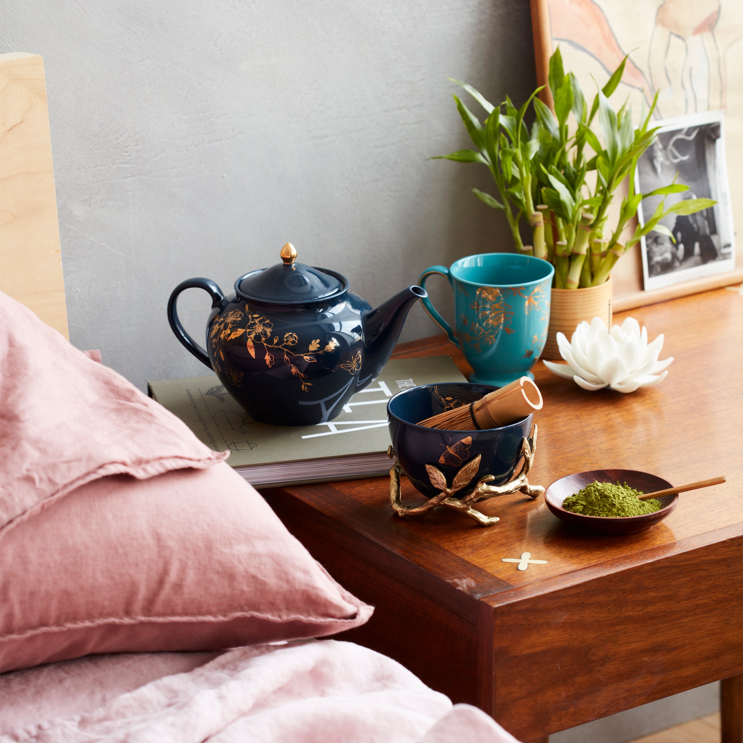 Floral Teapot with Golden Finish for Tea Lovers | Sprig & Vine Navy