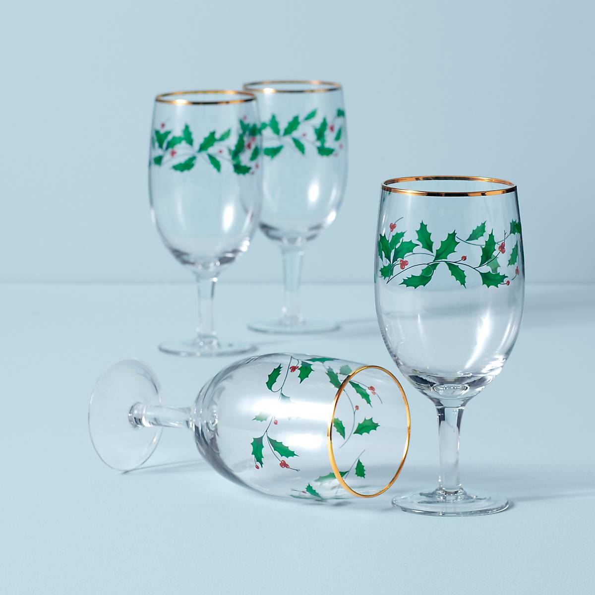 Holiday Iced Beverage Glasses Set of 4 with Gold Accents | Festive Holly Design