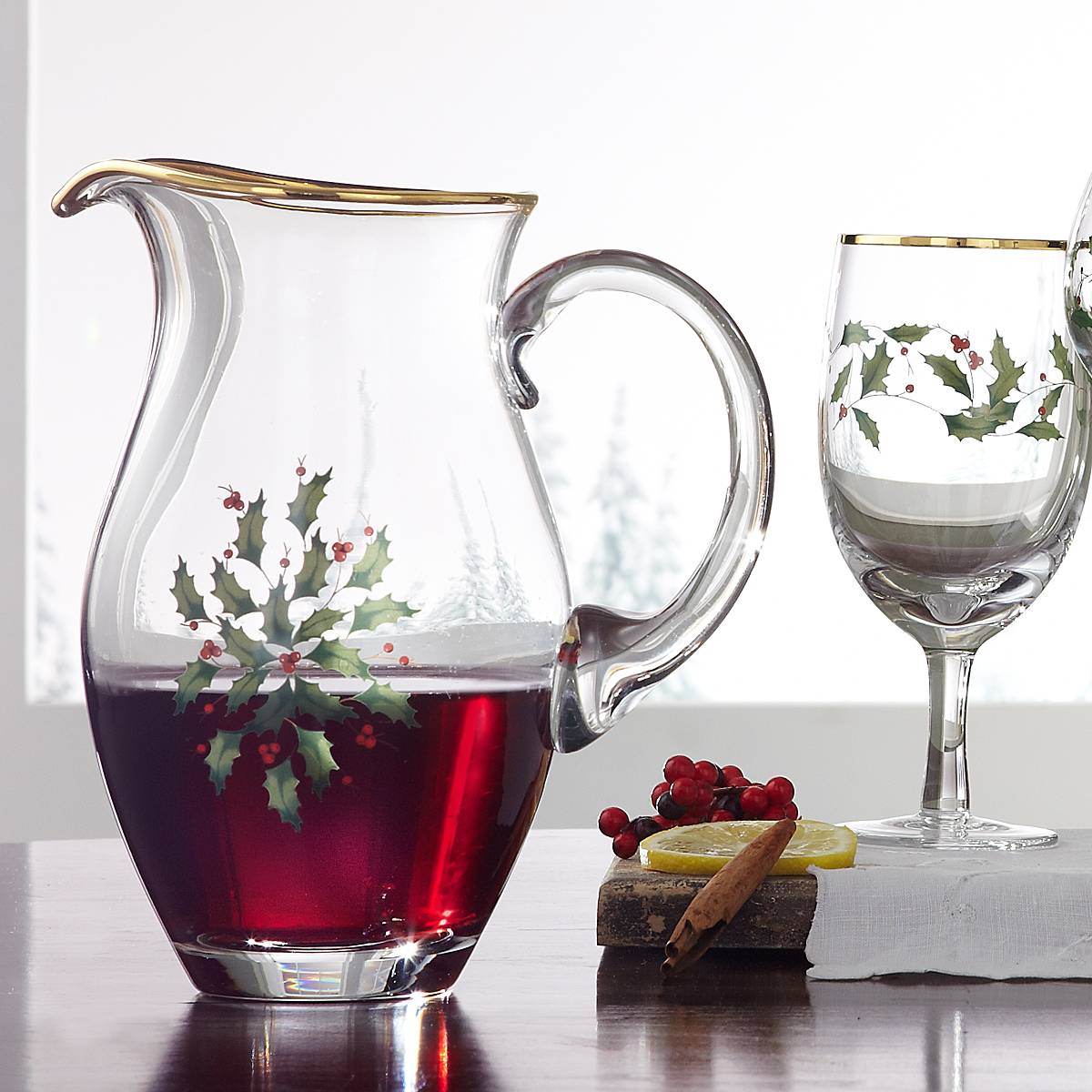 Holiday Iced Beverage Glasses Set of 4 with Gold Accents | Festive Holly Design