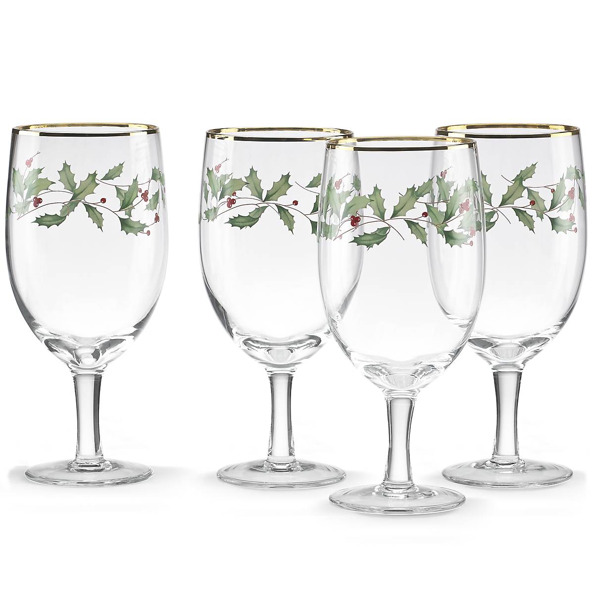 Holiday Iced Beverage Glasses Set of 4 with Gold Accents | Festive Holly Design