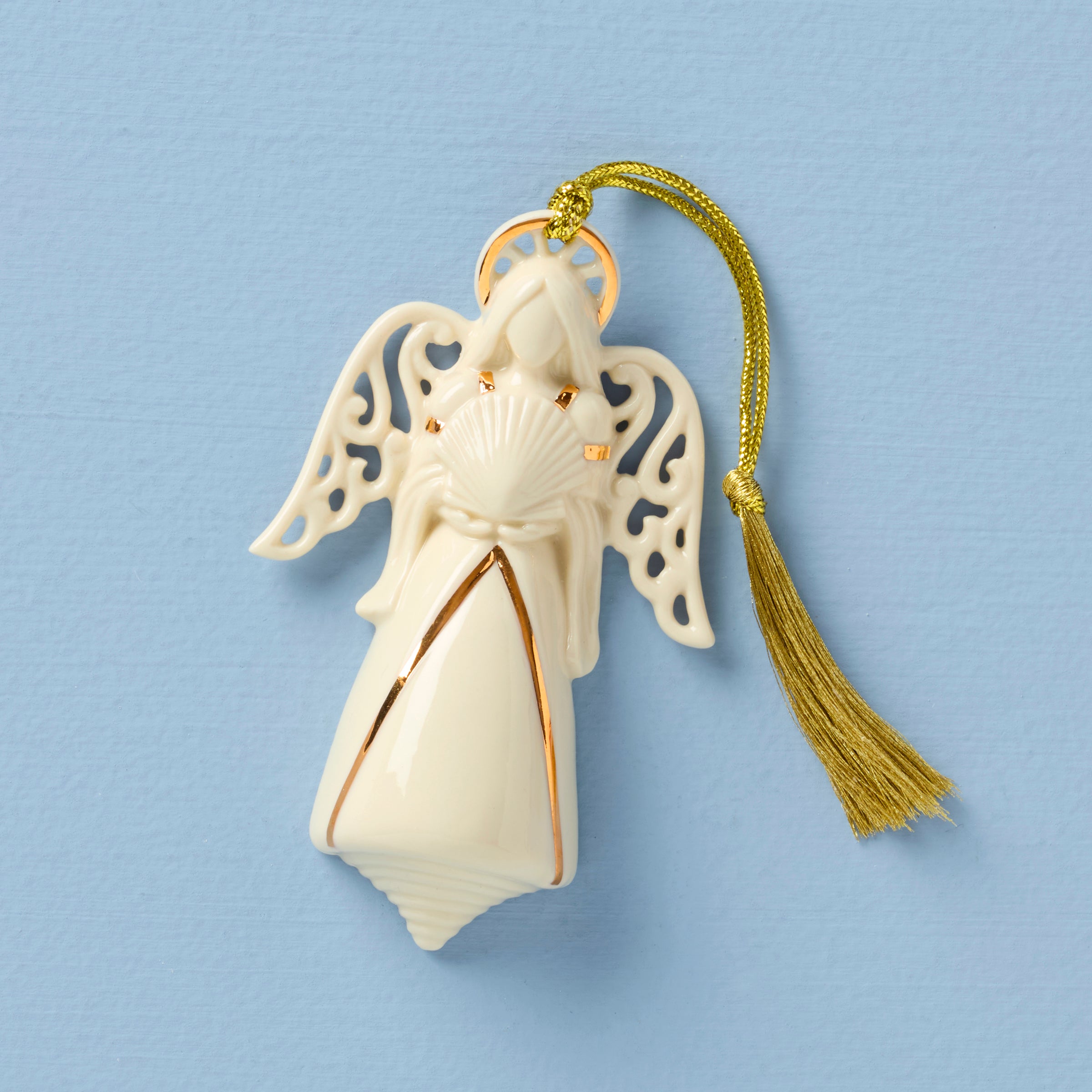 Porcelain Angel of the Sea Ornament with Gold Accents | Elegant Seashell Design