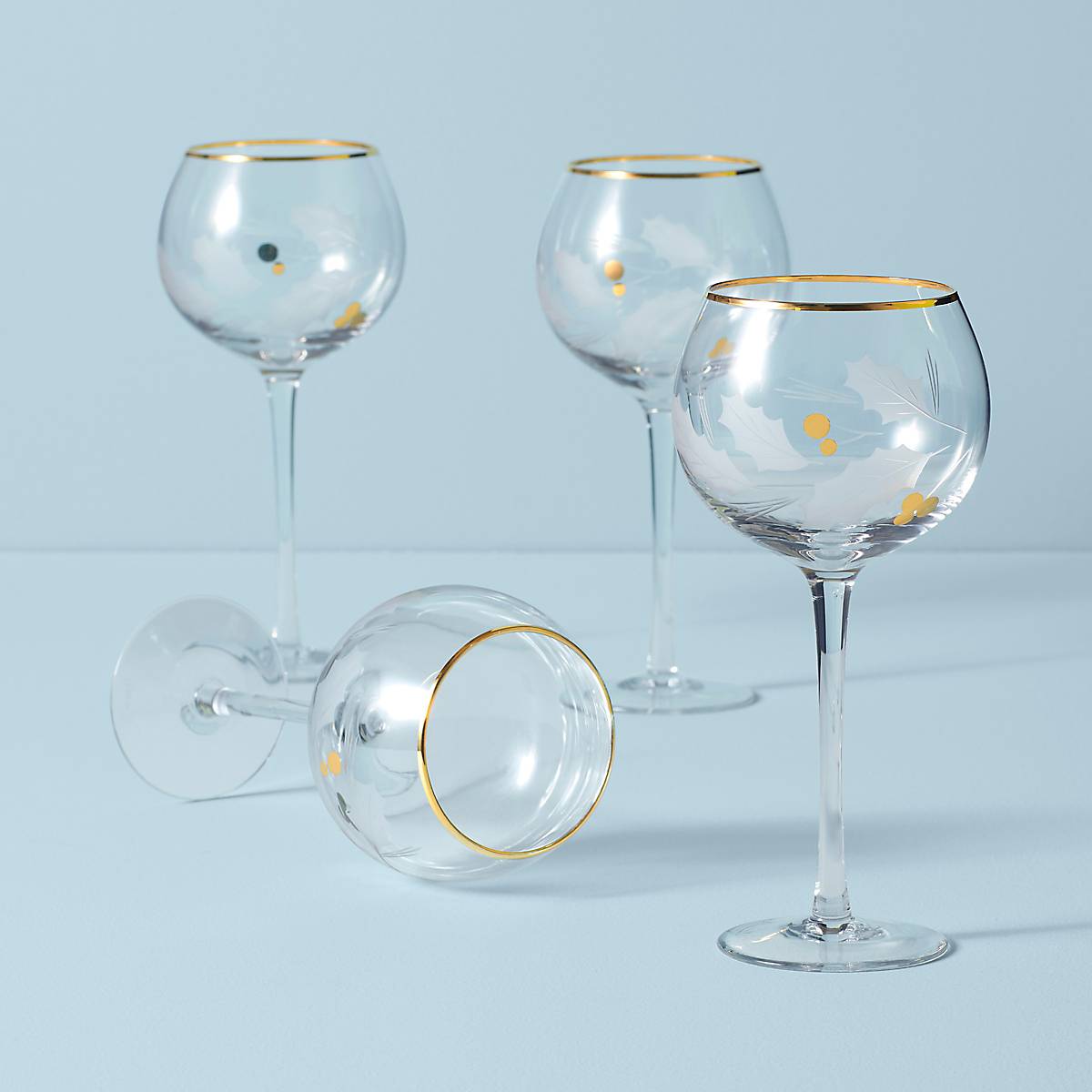 Holiday Gold Balloon Wine Glasses - Set of 4 with Holly Etching