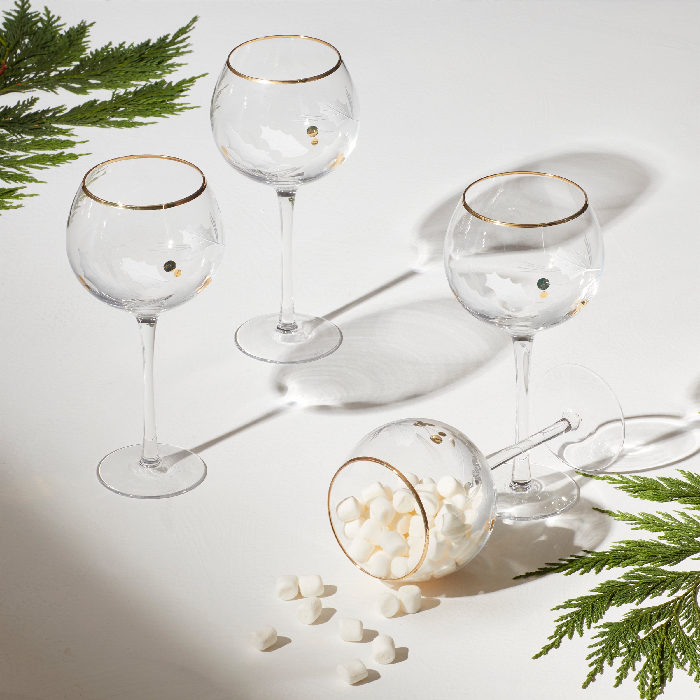 Holiday Gold Balloon Wine Glasses - Set of 4 with Holly Etching