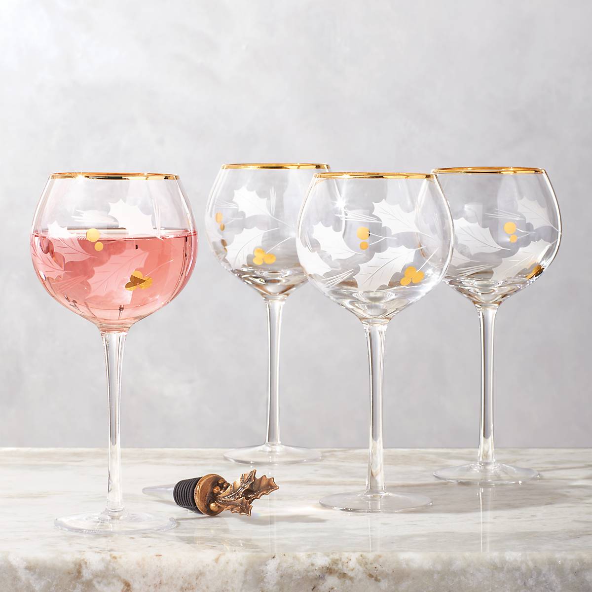 Holiday Gold Balloon Wine Glasses - Set of 4 with Holly Etching